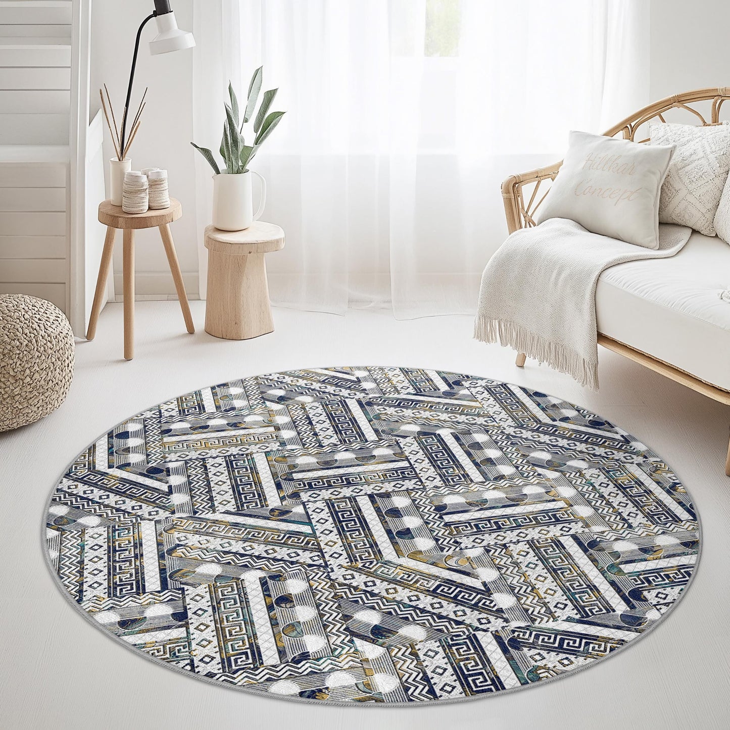 Eleganter, geometrischer, runder Teppich, moderner runder Teppich, Wohnzimmerdekoration, stilvoller runder Teppich, runde Matte für den Innenbereich