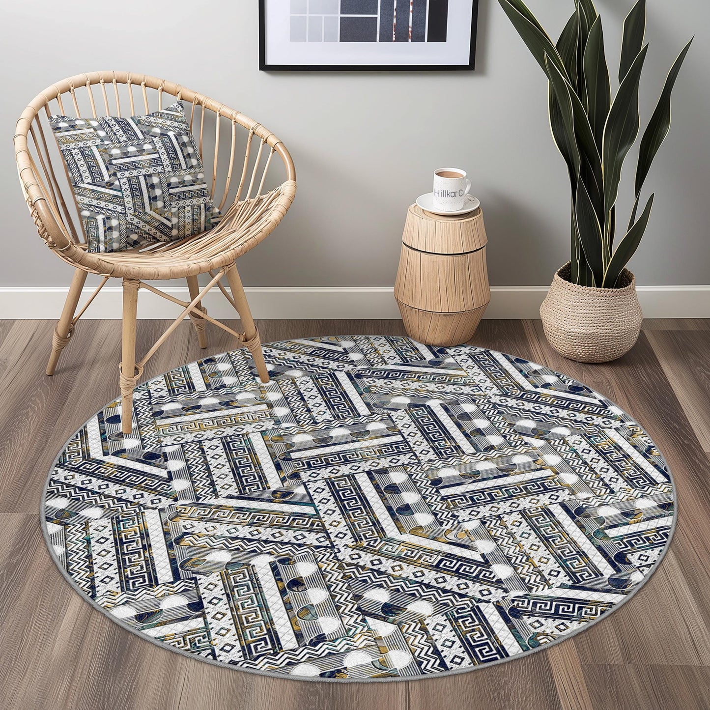 Eleganter, geometrischer, runder Teppich, moderner runder Teppich, Wohnzimmerdekoration, stilvoller runder Teppich, runde Matte für den Innenbereich
