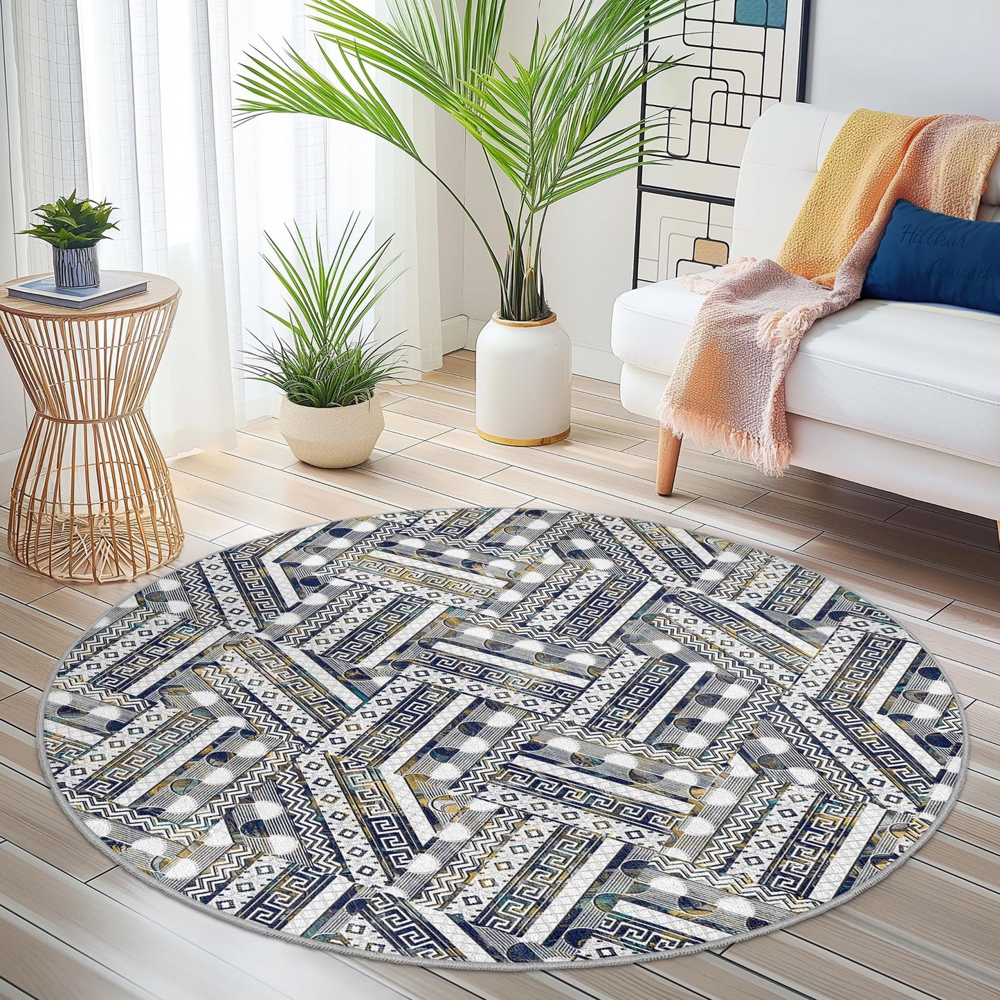 Eleganter, geometrischer, runder Teppich, moderner runder Teppich, Wohnzimmerdekoration, stilvoller runder Teppich, runde Matte für den Innenbereich