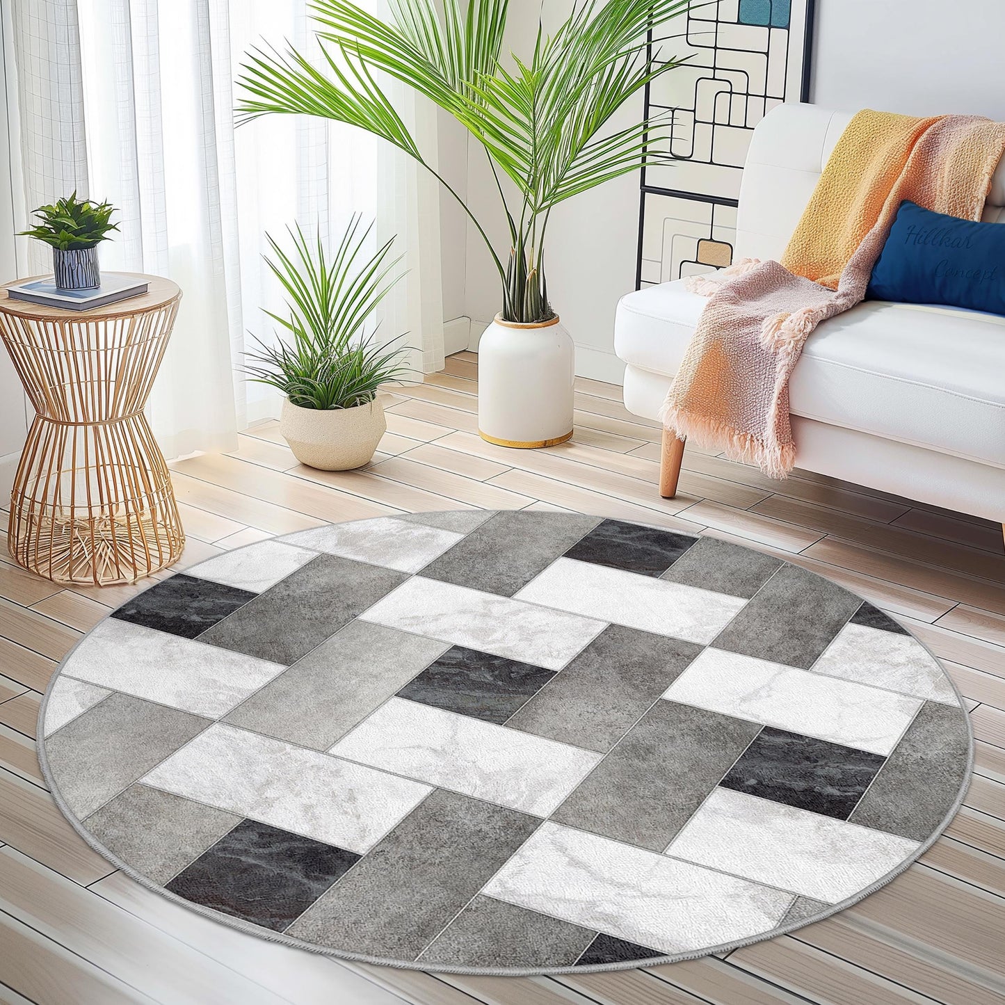 Moderner geometrischer runder Teppich, stilvoller runder Teppich, Wohnzimmerdekoration, weiche runde Fußmatte, zeitgenössisches Wohnaccessoire