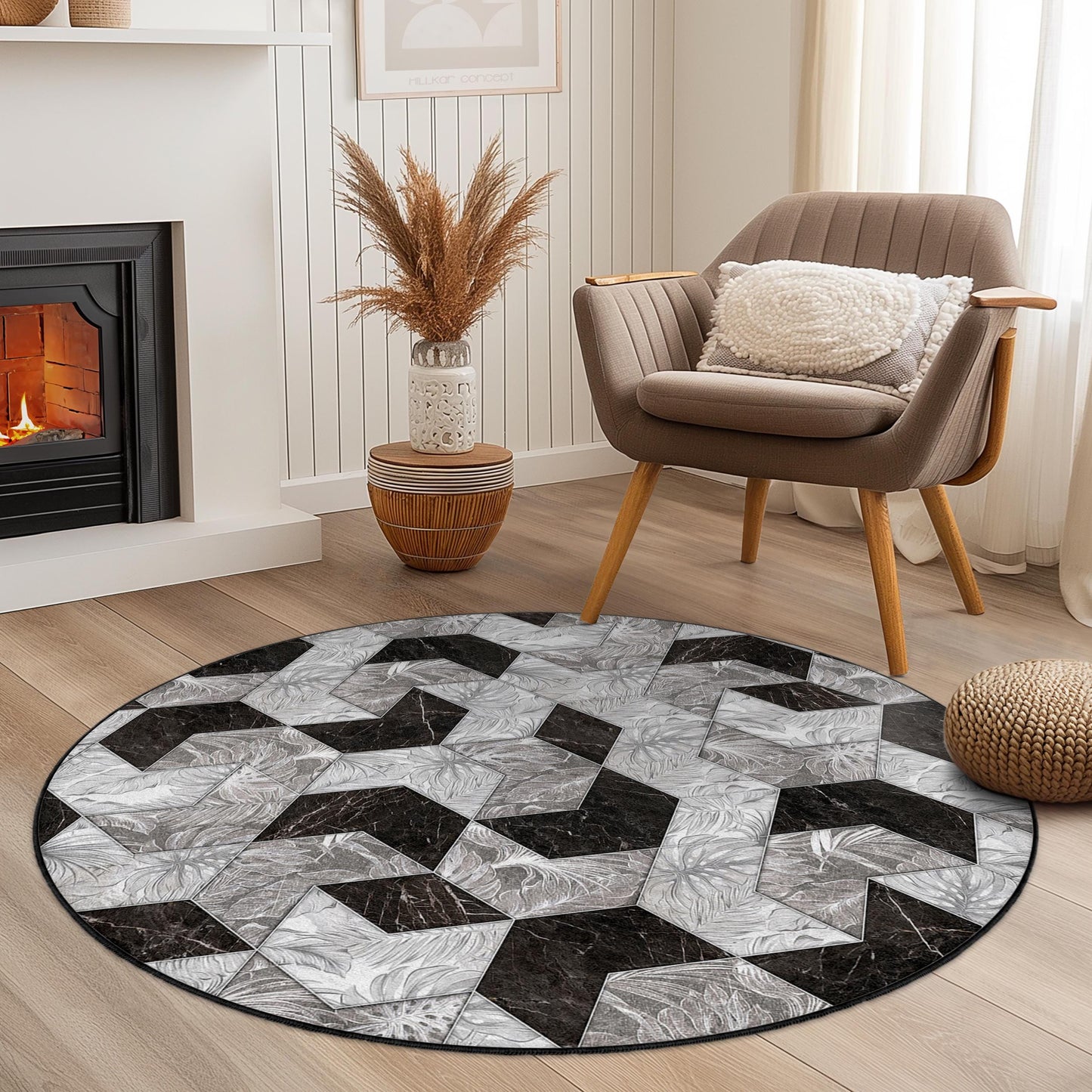 Runder Teppich mit geometrischem Muster, moderner runder Teppich in Schwarz-Weiß, stilvolle Wohnzimmerdekoration, zeitgenössischer runder Teppich