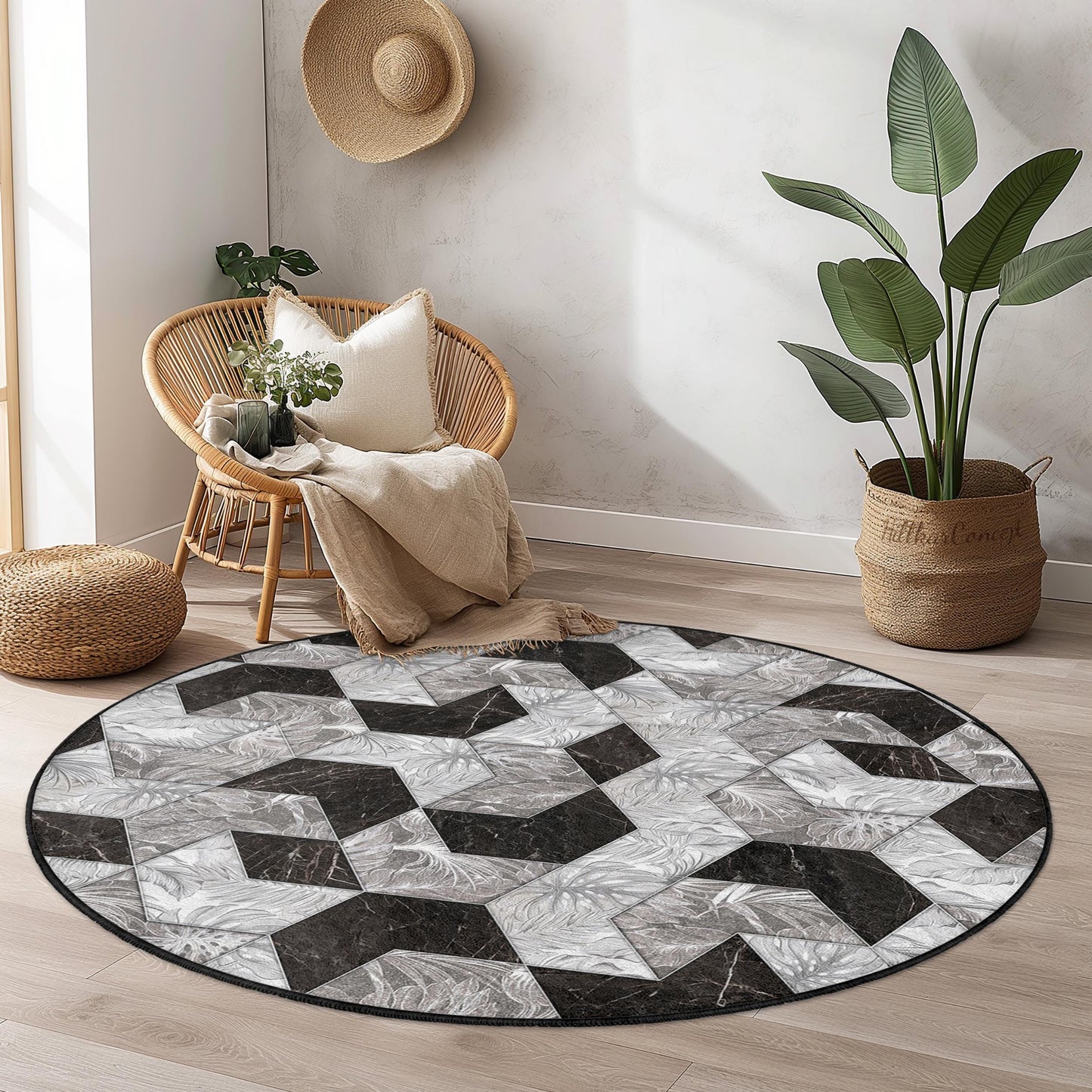 Runder Teppich mit geometrischem Muster, moderner runder Teppich in Schwarz-Weiß, stilvolle Wohnzimmerdekoration, zeitgenössischer runder Teppich