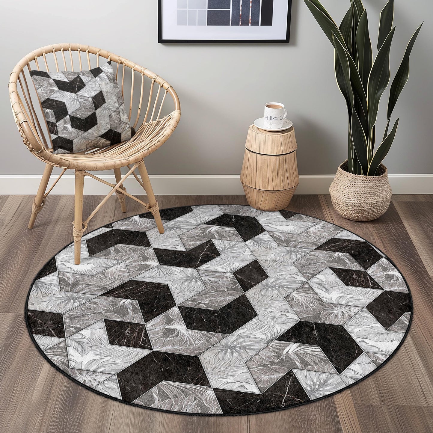Runder Teppich mit geometrischem Muster, moderner runder Teppich in Schwarz-Weiß, stilvolle Wohnzimmerdekoration, zeitgenössischer runder Teppich