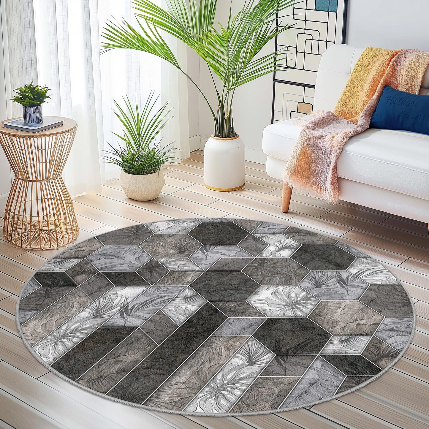 Eleganter runder Teppich mit geometrischem Muster, moderner runder Teppich für das Wohnzimmer, stilvoller runder Dekoteppich