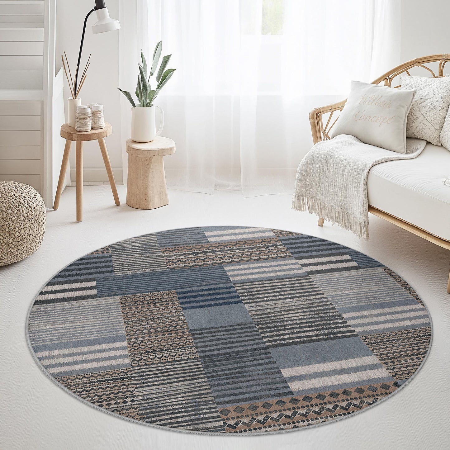 Stilvoller runder Teppich, runder Teppich mit geometrischem Muster, Wohnzimmerdekoration, moderner runder Teppich, weiche runde Fußmatte