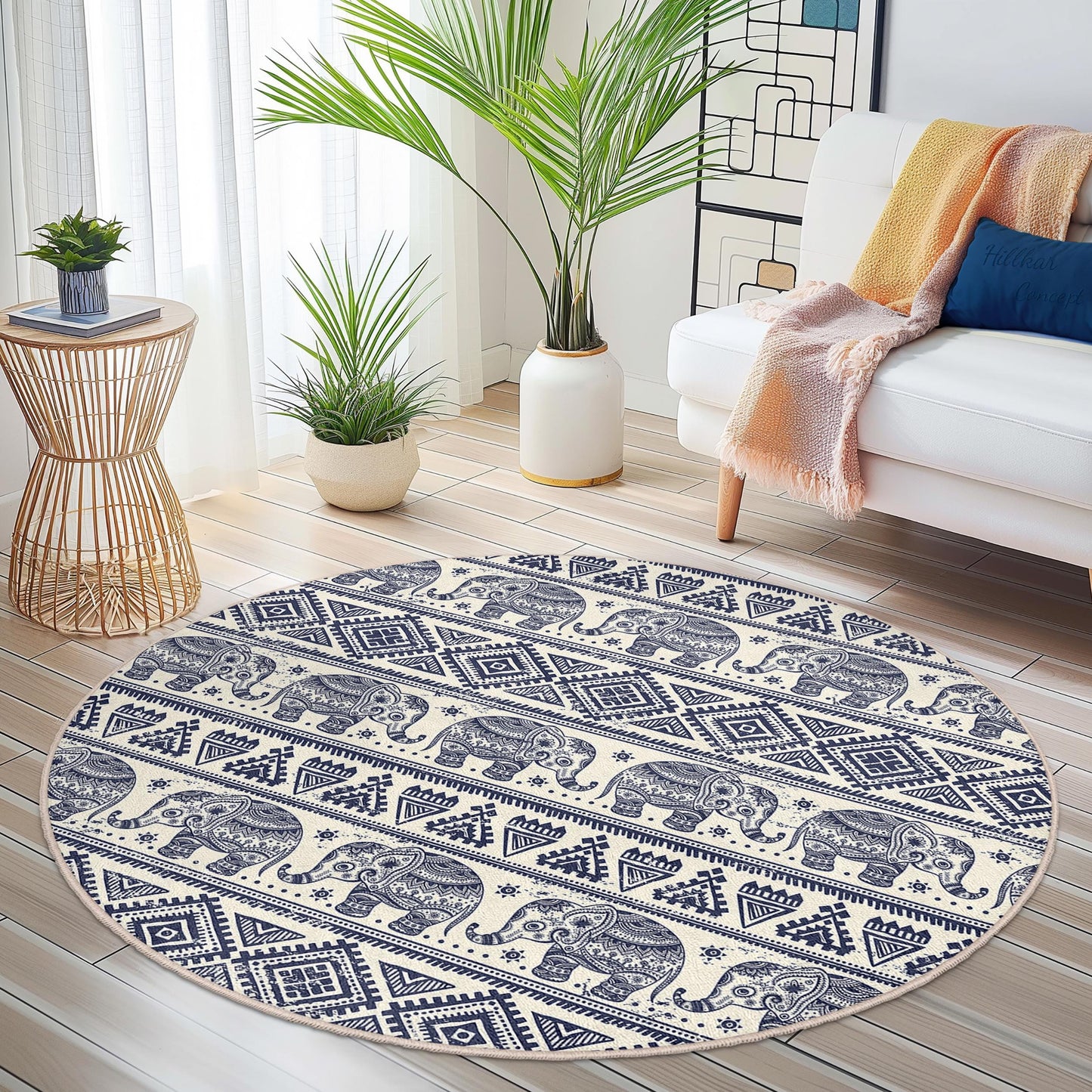 Runder Teppich mit marineblauem Elefantenmuster, Boho-Elefantenteppich, weicher runder Teppich für Wohnzimmer und Kinderzimmer, Teppich im Ethno-Stil