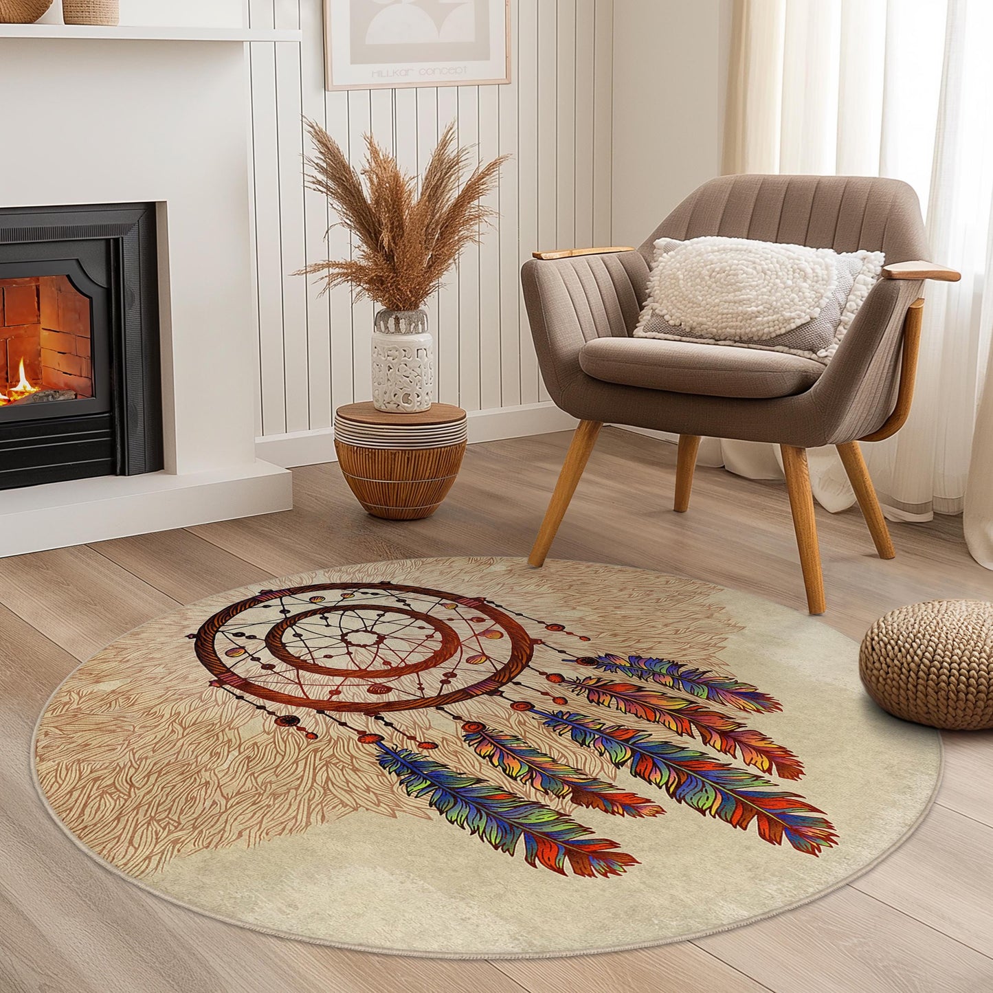 Runder Teppich „Bohemian Dreamcatcher“: Bunte Feder-Fußmatte