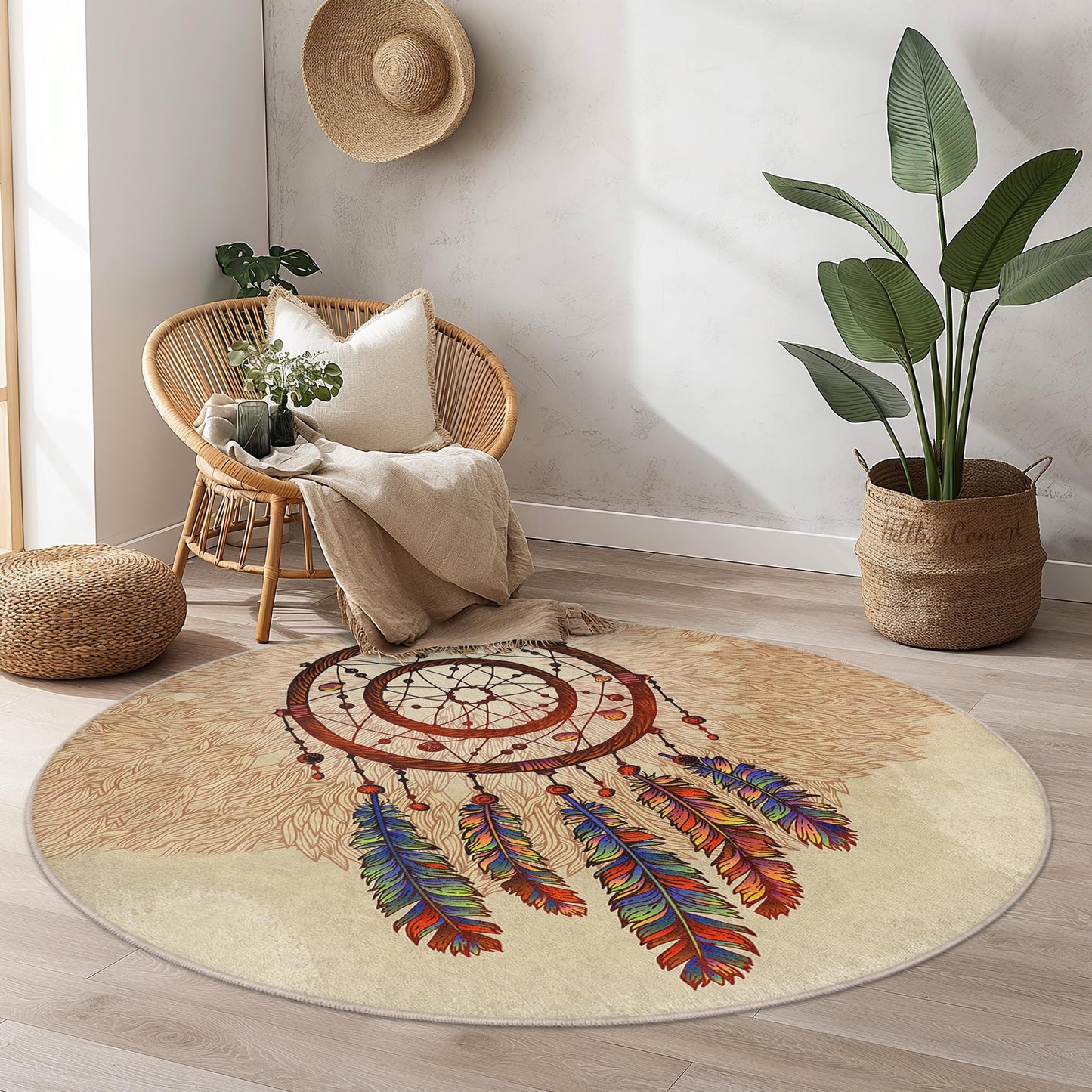 Runder Teppich „Bohemian Dreamcatcher“: Bunte Feder-Fußmatte