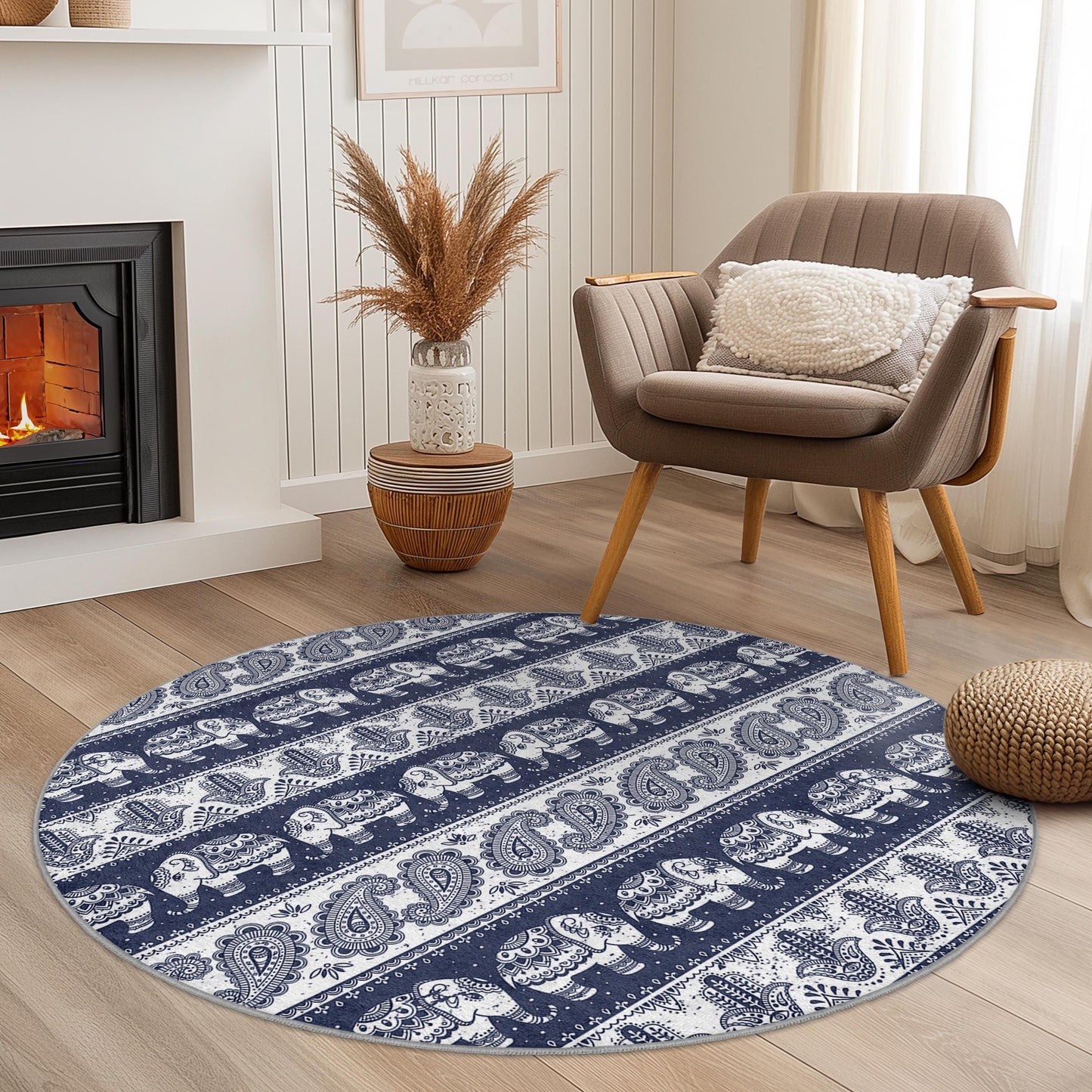 Eleganter runder Elefantenteppich, Boho-Elefantenteppich, runder Teppich für den Innenbereich, Wohnzimmerdekoration, runde Schlafzimmermatte