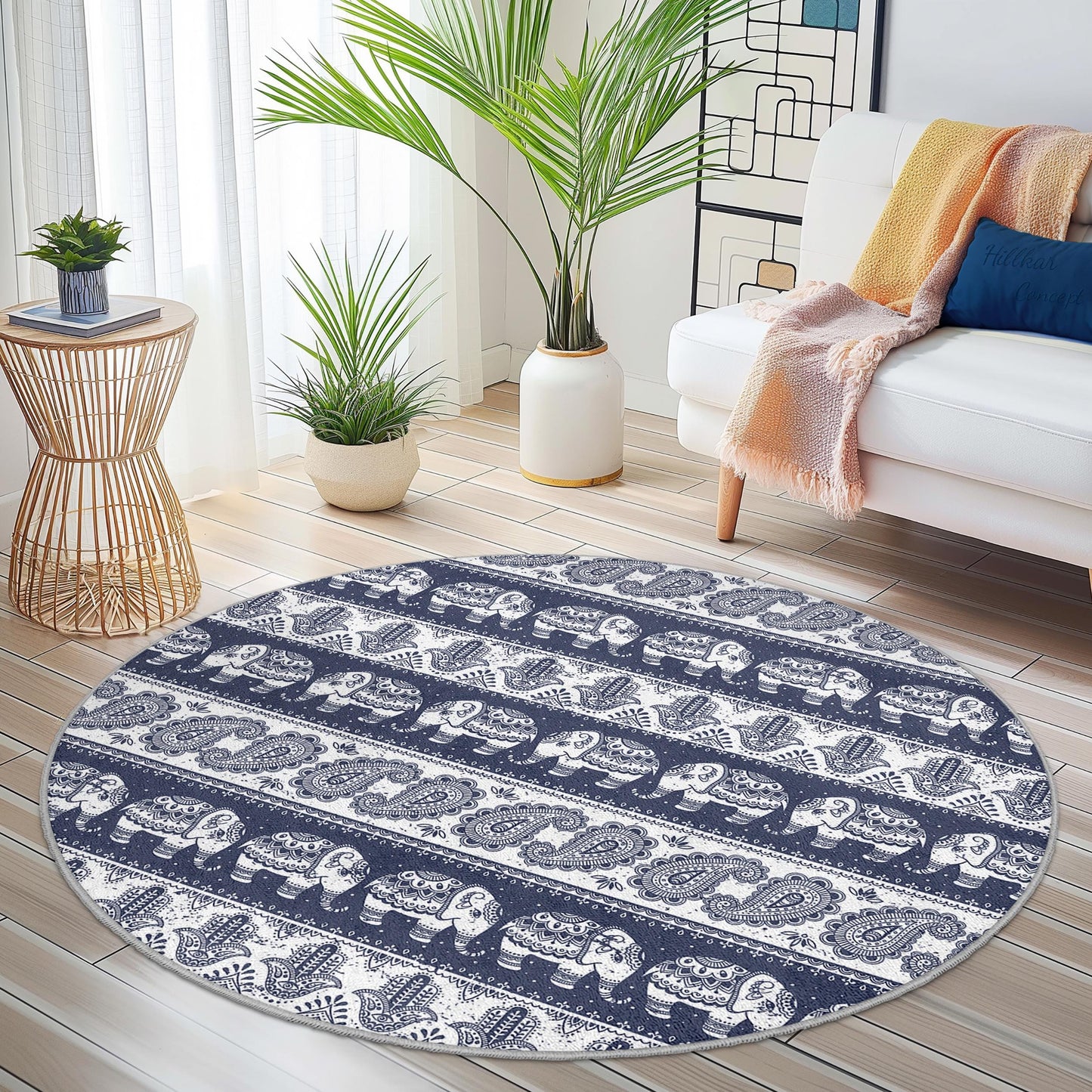 Eleganter runder Elefantenteppich, Boho-Elefantenteppich, runder Teppich für den Innenbereich, Wohnzimmerdekoration, runde Schlafzimmermatte