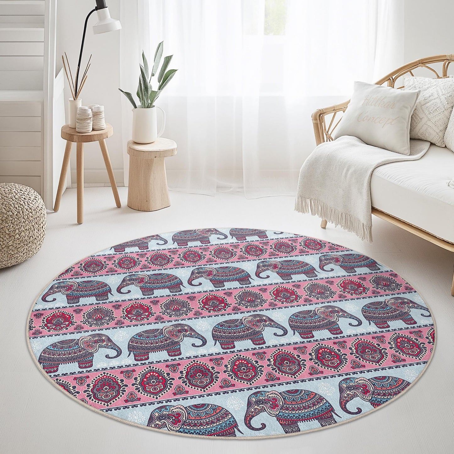 Runder Teppich mit Elefantenmuster, Boho-Elefantenteppich, dekorativer runder Teppich für Wohnzimmer, Kinderzimmer oder Babyzimmer