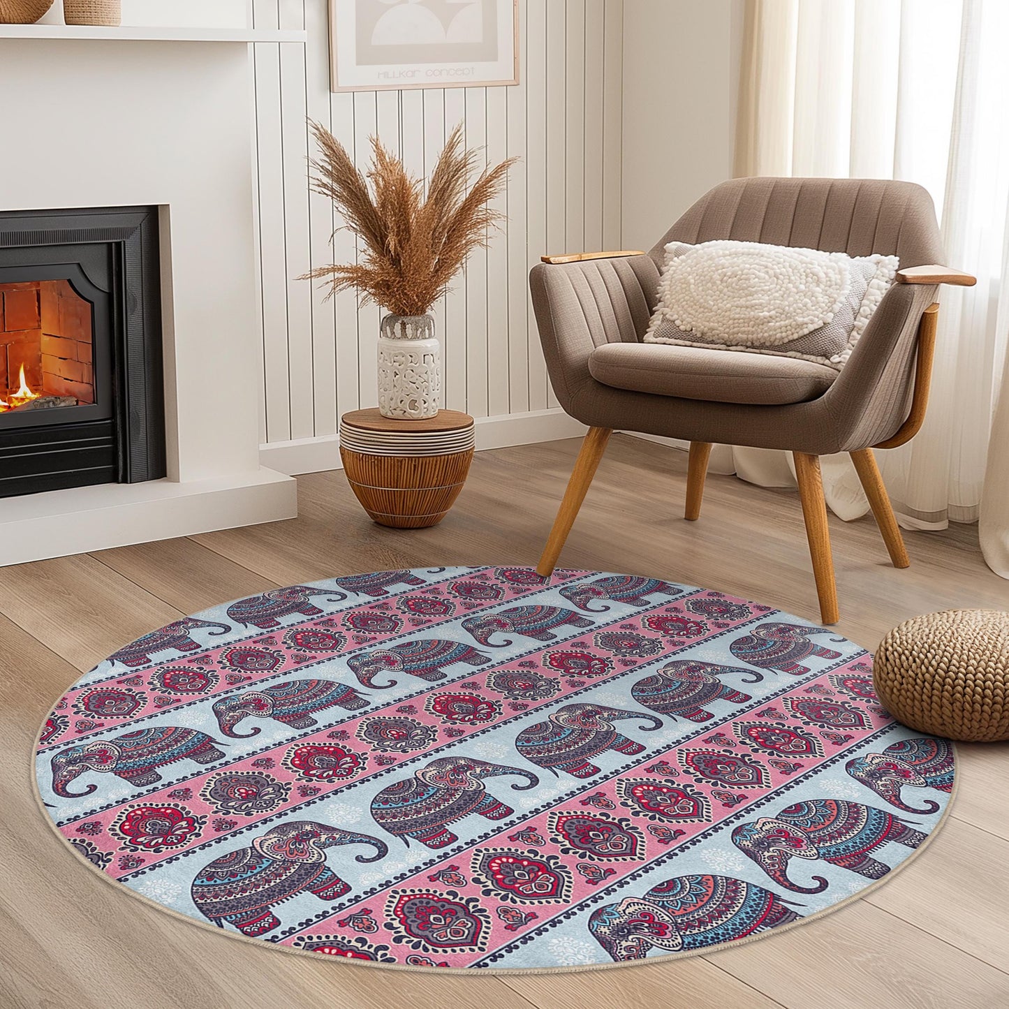 Runder Teppich mit Elefantenmuster, Boho-Elefantenteppich, dekorativer runder Teppich für Wohnzimmer, Kinderzimmer oder Babyzimmer