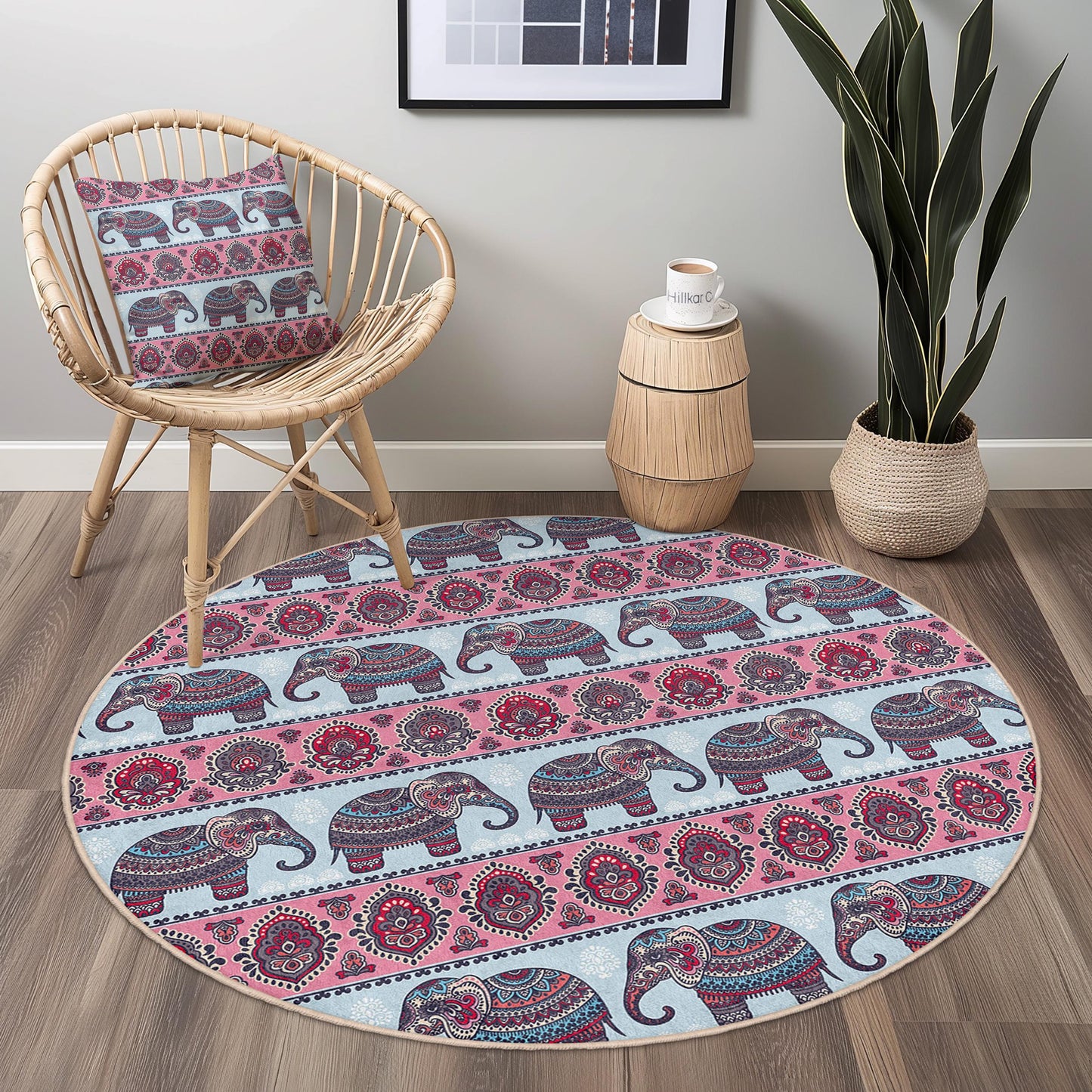 Runder Teppich mit Elefantenmuster, Boho-Elefantenteppich, dekorativer runder Teppich für Wohnzimmer, Kinderzimmer oder Babyzimmer