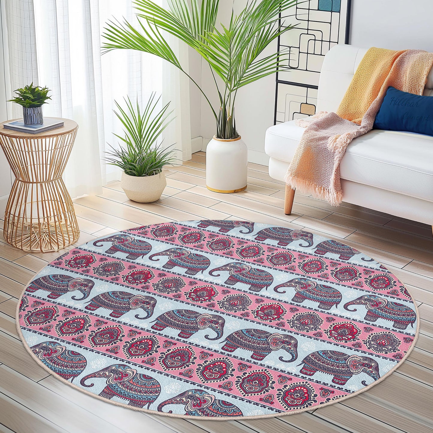 Runder Teppich mit Elefantenmuster, Boho-Elefantenteppich, dekorativer runder Teppich für Wohnzimmer, Kinderzimmer oder Babyzimmer