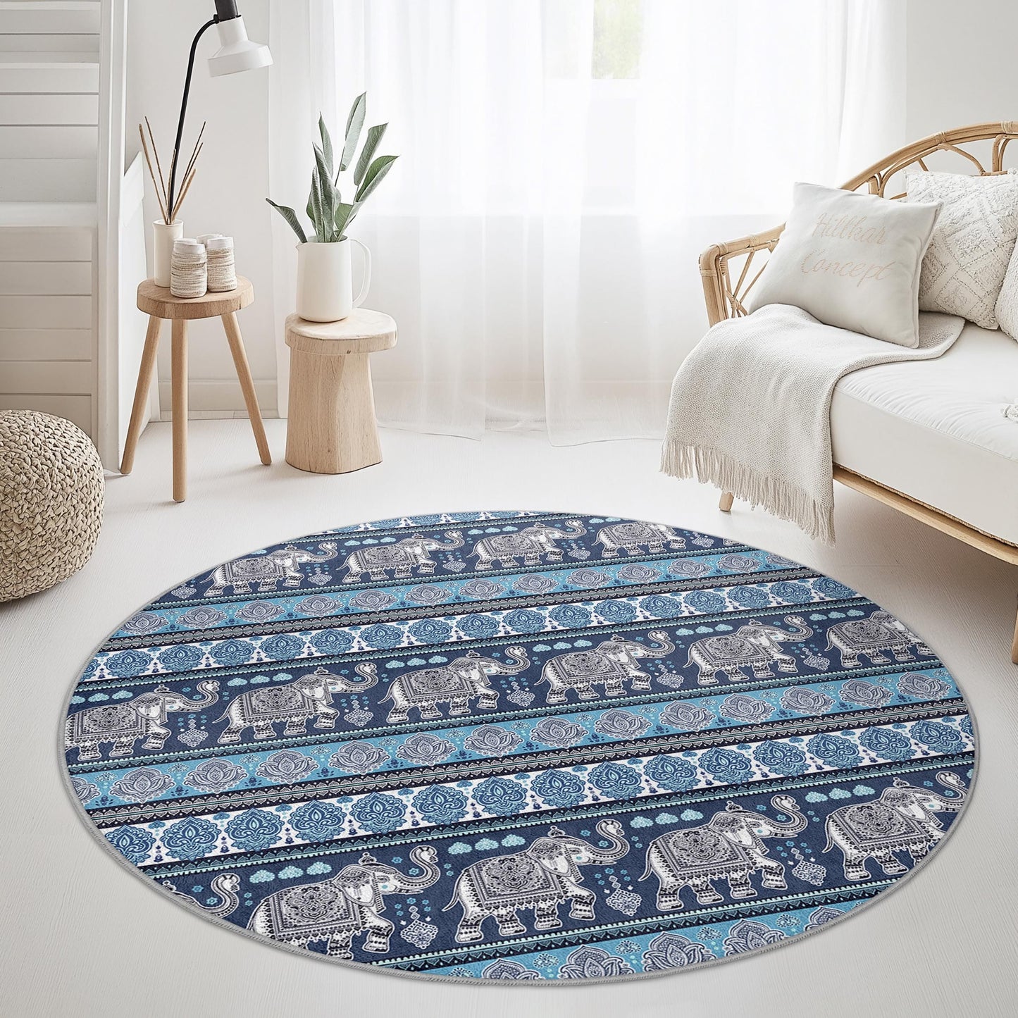 Runder Teppich mit Elefantenmuster, runder Teppich im Bohème-Stil, weicher Wohnzimmerteppich, dekorativer runder Teppich, Kinderzimmerdekoration