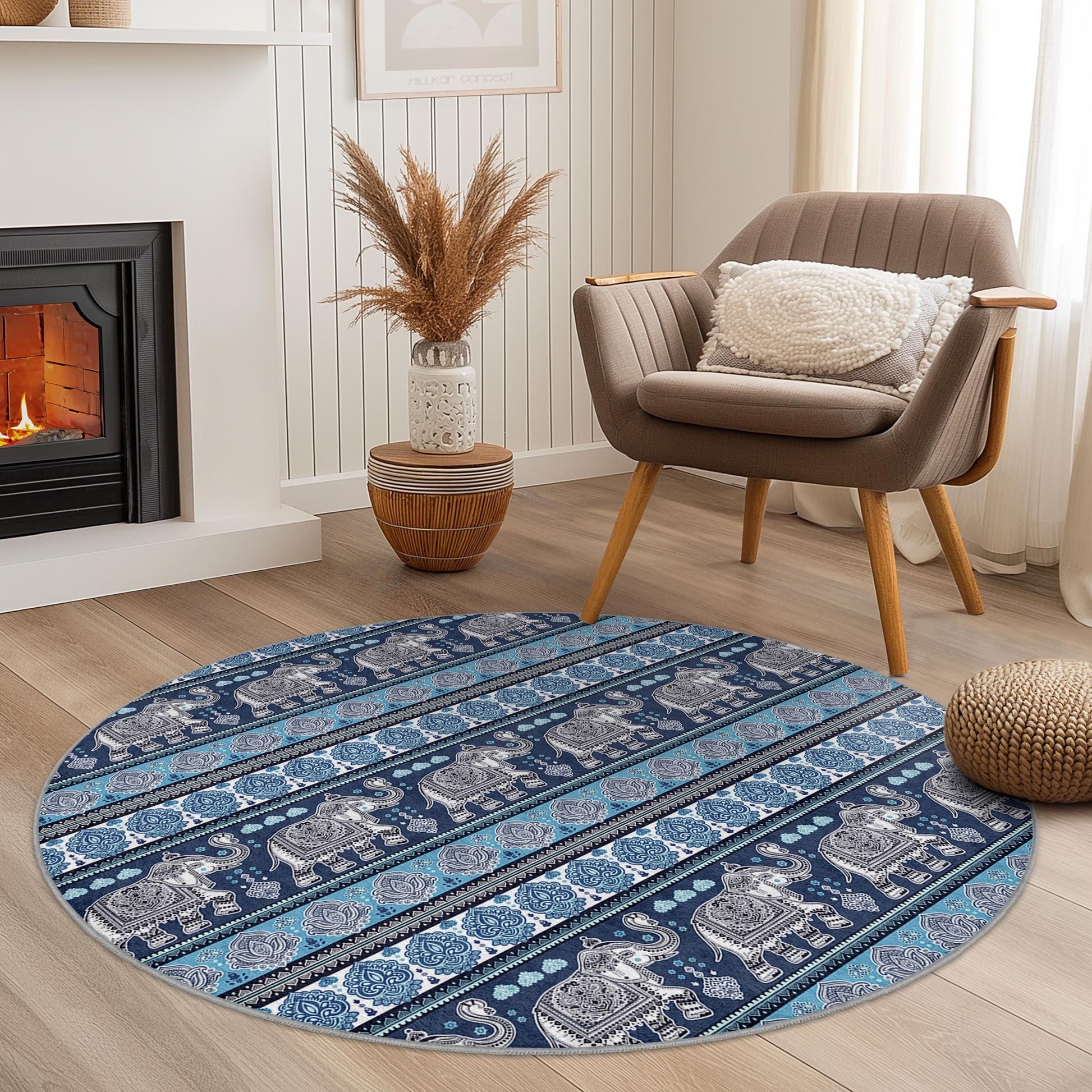 Elephant Pattern Round Area Rug, Bohemian Style Round Carpet, Soft Living Room Rug, Decorative Round Rug, Kids Room Decor