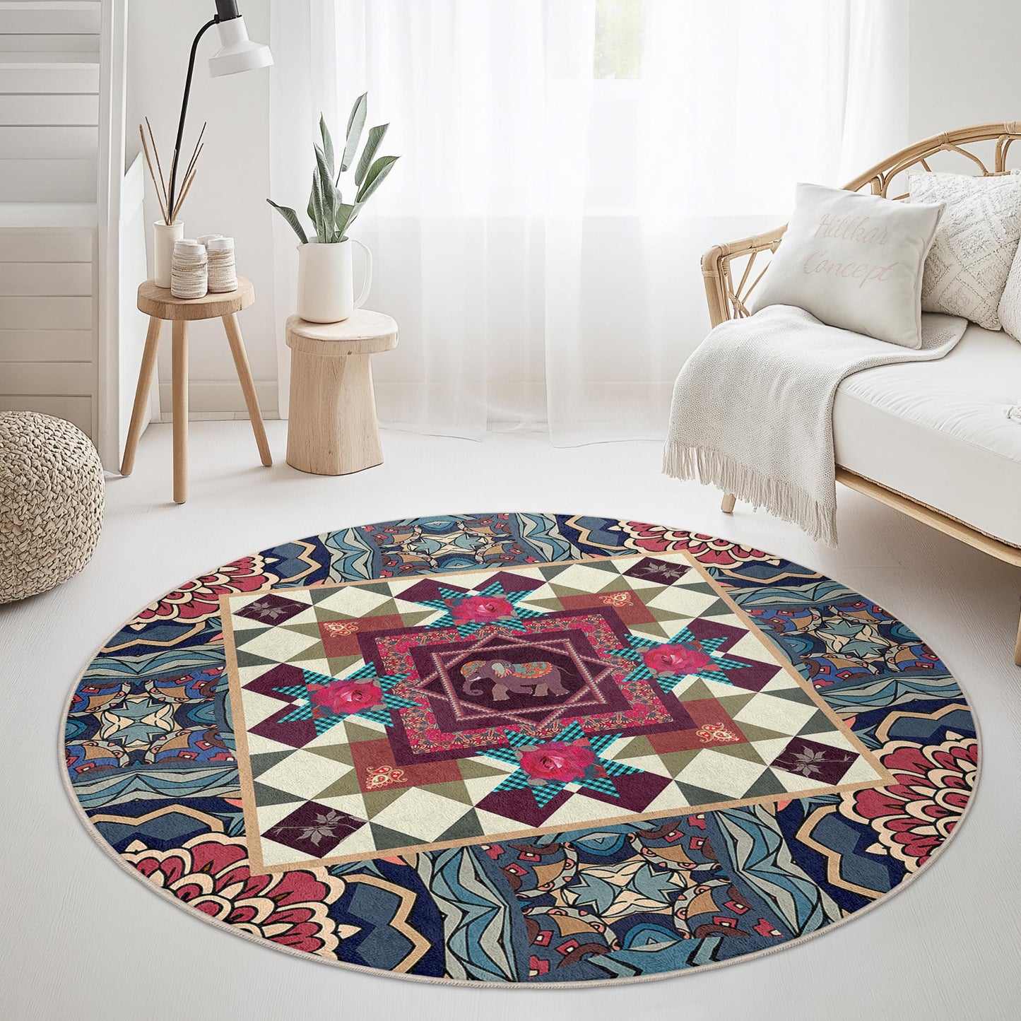 Runder Teppich mit lebhaftem Elefantenmotiv, farbenfrohe Boho-Dekoration, Teppich im Mandala-Stil, runder Wohnzimmerteppich, einzigartiges Wohnaccessoire