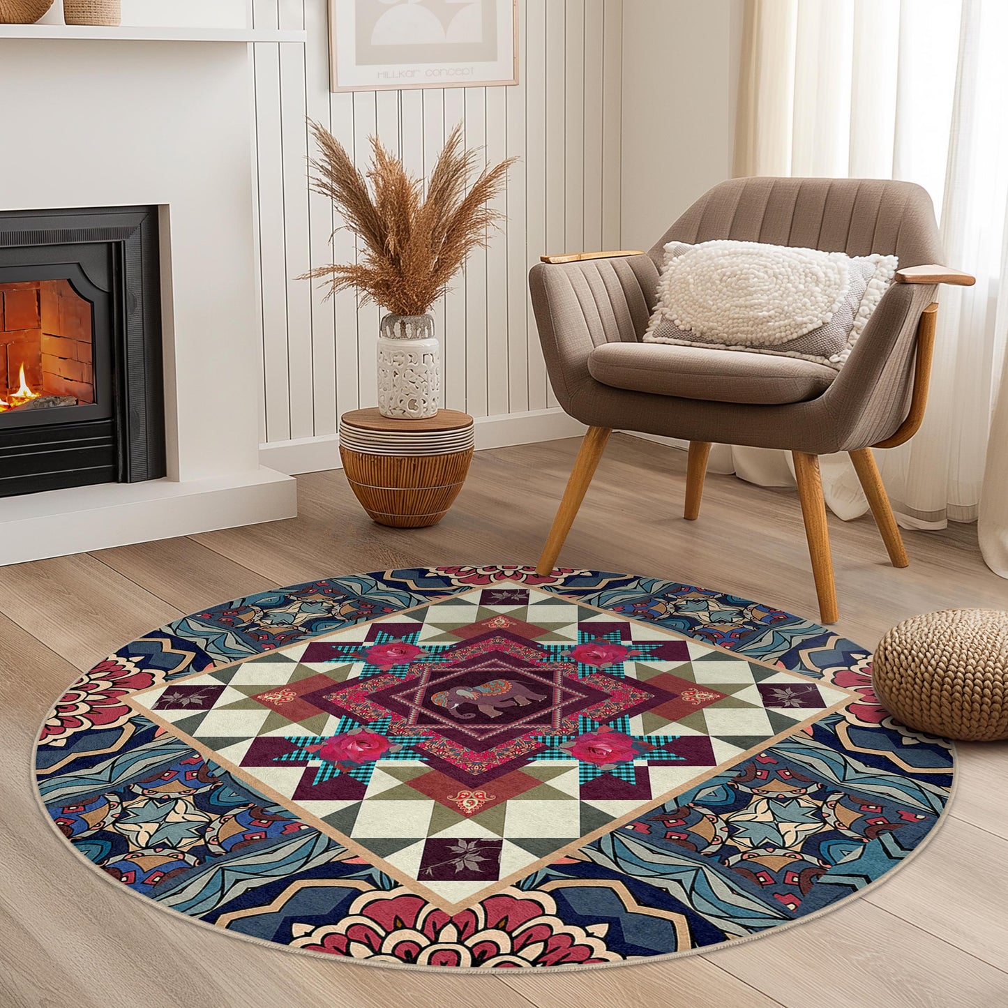 Runder Teppich mit lebhaftem Elefantenmotiv, farbenfrohe Boho-Dekoration, Teppich im Mandala-Stil, runder Wohnzimmerteppich, einzigartiges Wohnaccessoire