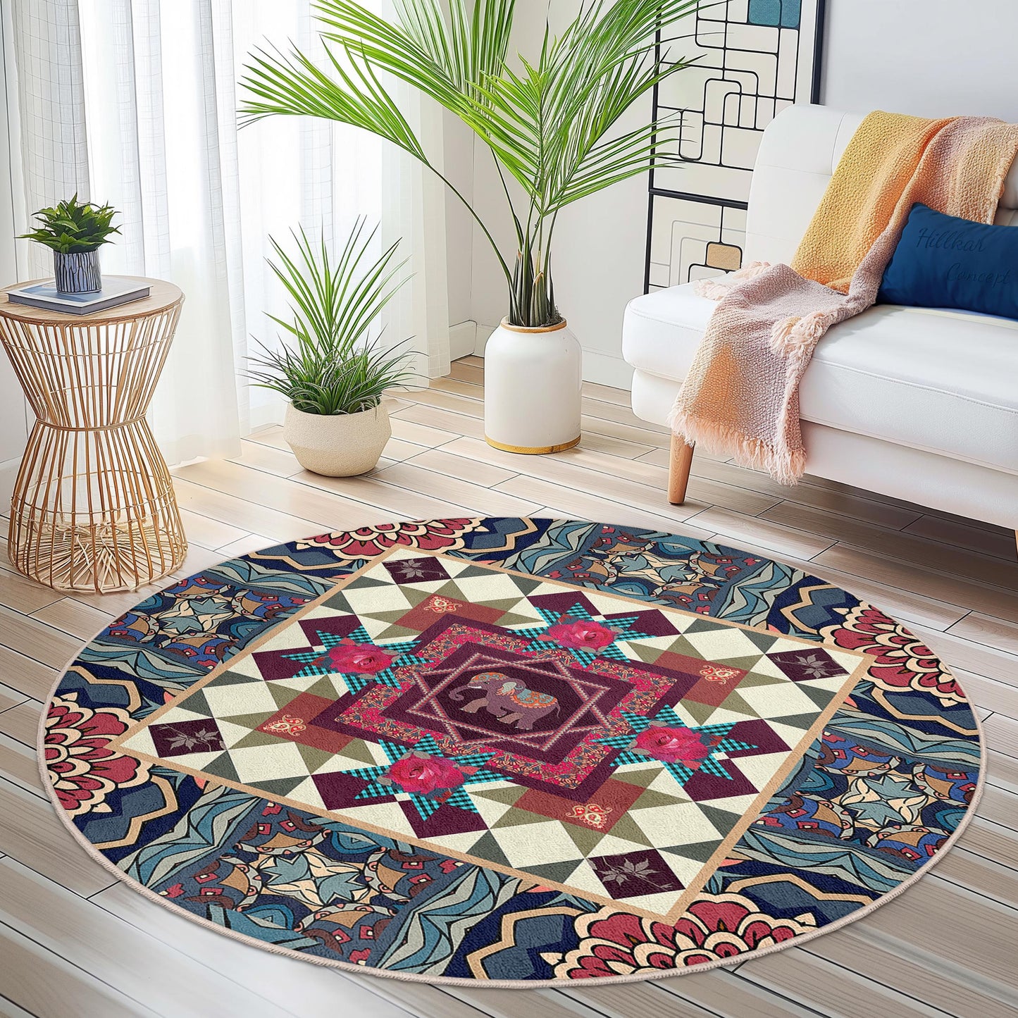 Runder Teppich mit lebhaftem Elefantenmotiv, farbenfrohe Boho-Dekoration, Teppich im Mandala-Stil, runder Wohnzimmerteppich, einzigartiges Wohnaccessoire