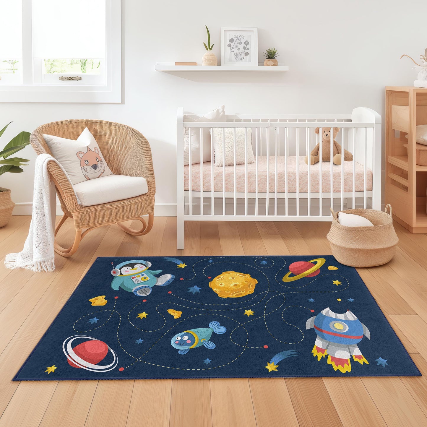 Rechteckiger Kinderteppich mit Weltraumabenteuer-Motiv, Astronauten- und Raketenmotiv, Kinderzimmerdekoration, Spielzimmerteppich, Galaxie-Bodenmatte