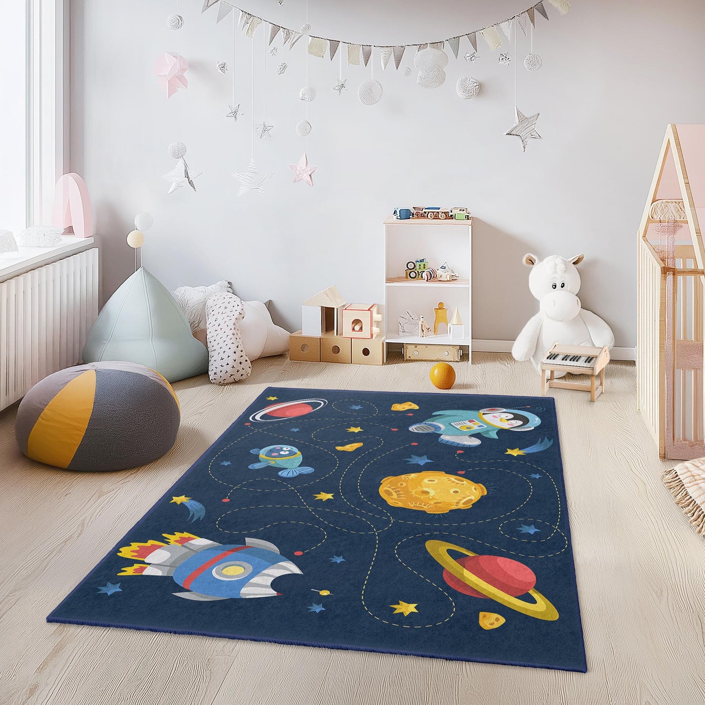 Rechteckiger Kinderteppich mit Weltraumabenteuer-Motiv, Astronauten- und Raketenmotiv, Kinderzimmerdekoration, Spielzimmerteppich, Galaxie-Bodenmatte