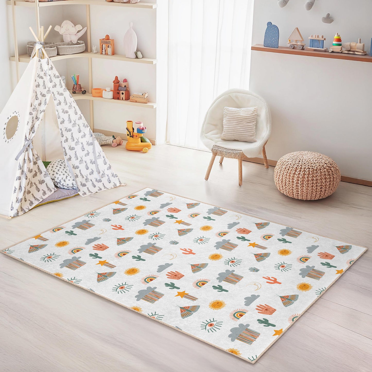 Verspielter rechteckiger Kinderteppich mit Sonne und Wolken, bunter Regenbogen- und Kaktusteppich, fröhliche Kinderzimmerdekoration, Spielzimmerteppich, Kinderzimmerteppich