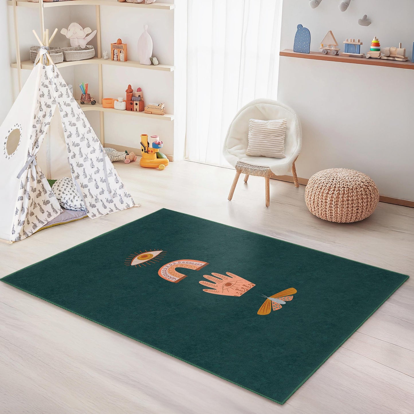 Rechteckiger Teppich mit mystischem Augenmuster, Boho-Kinderzimmerteppich, farbenfrohes Handdesign, weicher Kinderzimmerteppich, einzigartige Spielzimmerdekoration