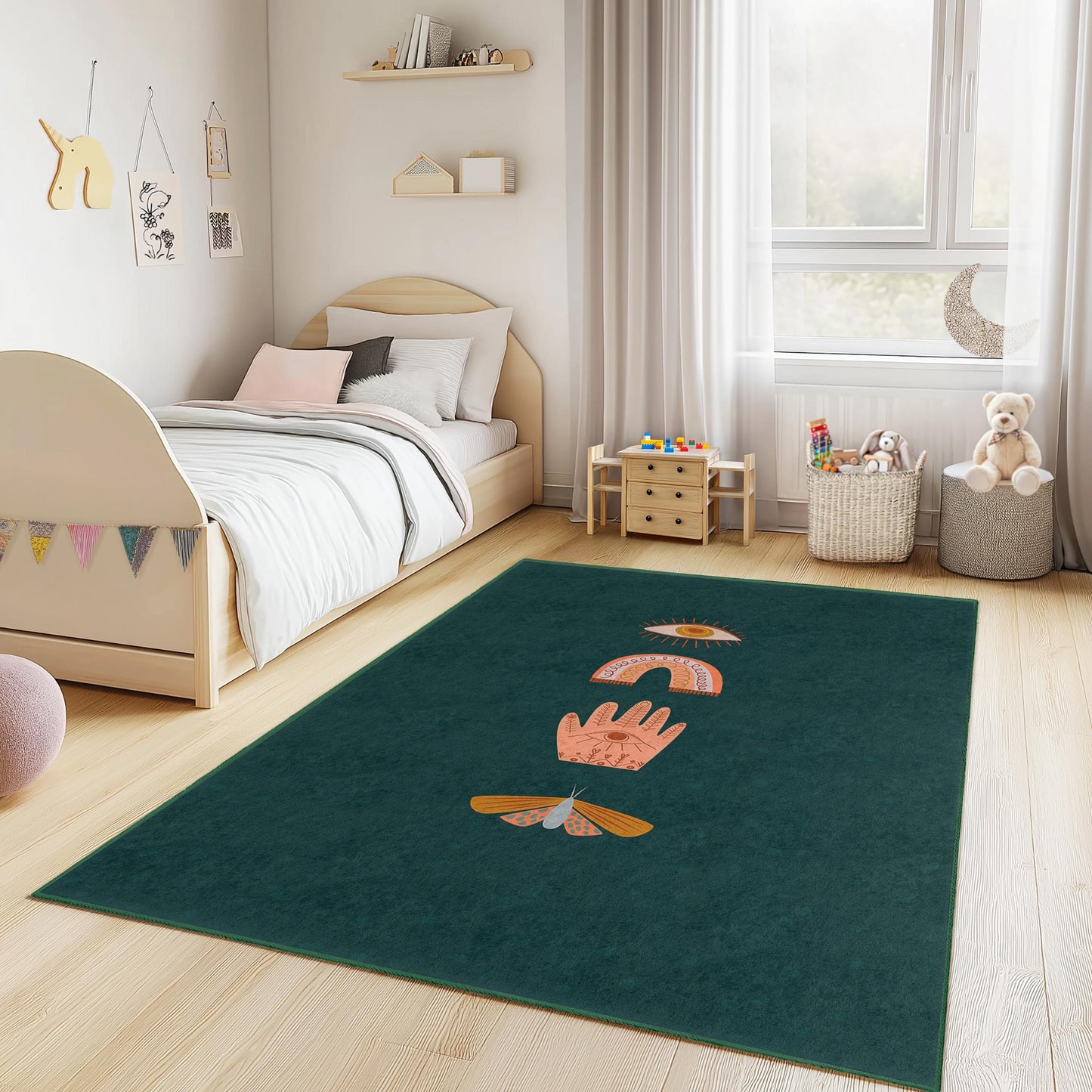 Rechteckiger Teppich mit mystischem Augenmuster, Boho-Kinderzimmerteppich, farbenfrohes Handdesign, weicher Kinderzimmerteppich, einzigartige Spielzimmerdekoration