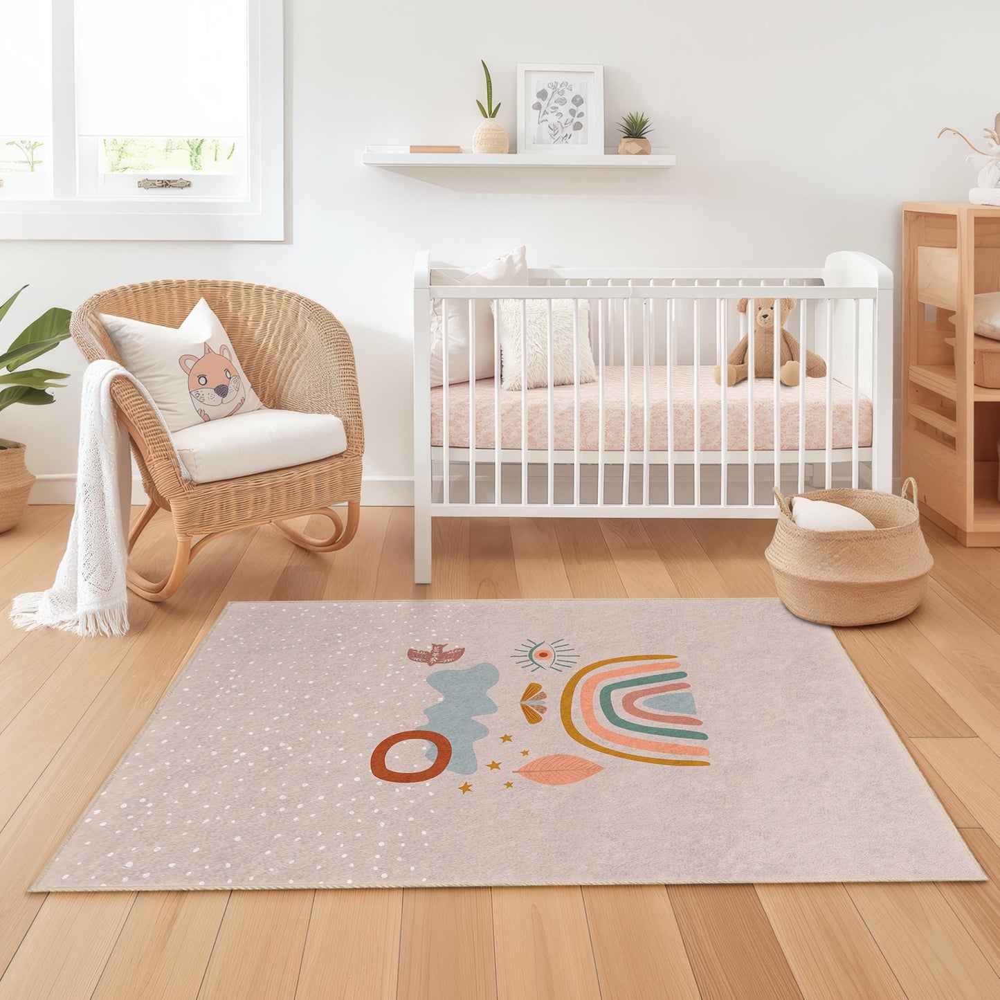 Rechteckiger Kinderteppich mit Regenbogen- und Naturmotiven, farbenfrohe Spielzimmerdekoration, weicher Kinderzimmerteppich, einzigartiger Kinderteppich