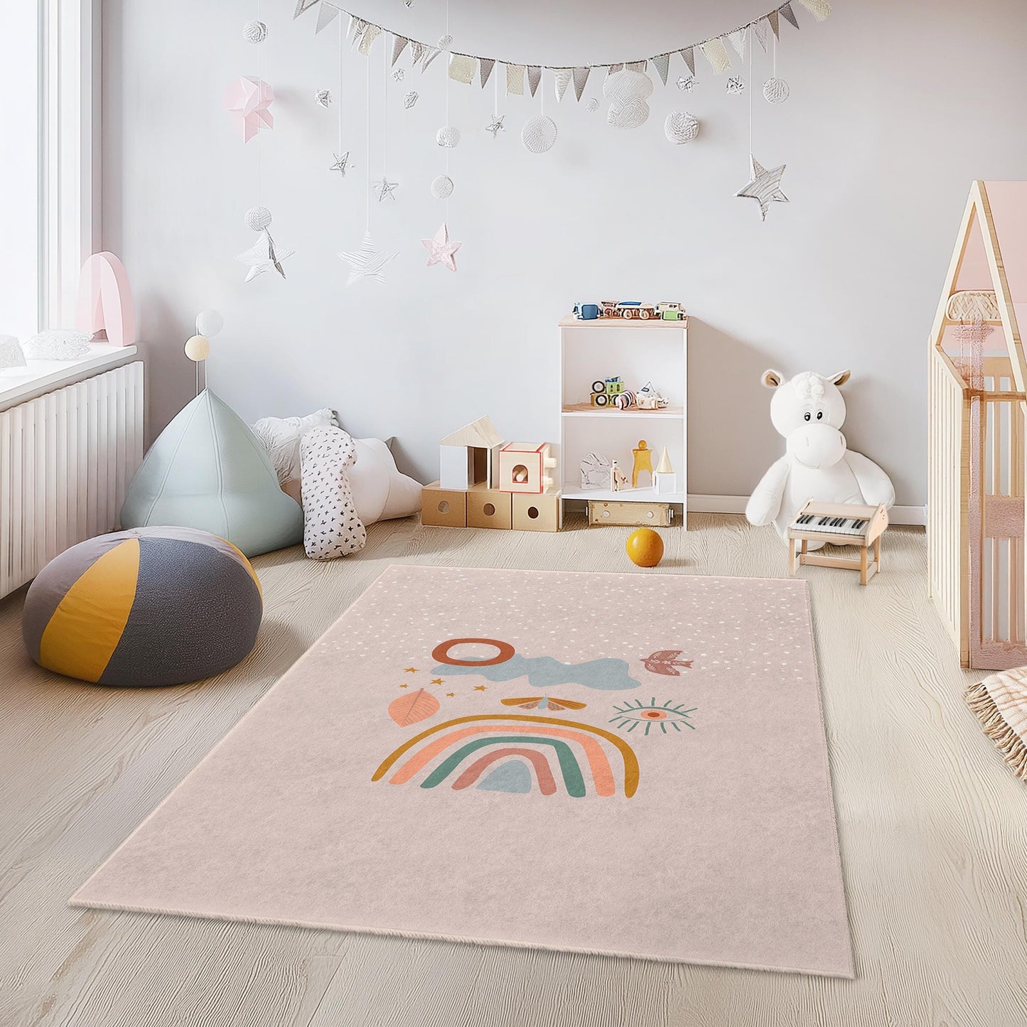 Rechteckiger Kinderteppich mit Regenbogen- und Naturmotiven, farbenfrohe Spielzimmerdekoration, weicher Kinderzimmerteppich, einzigartiger Kinderteppich
