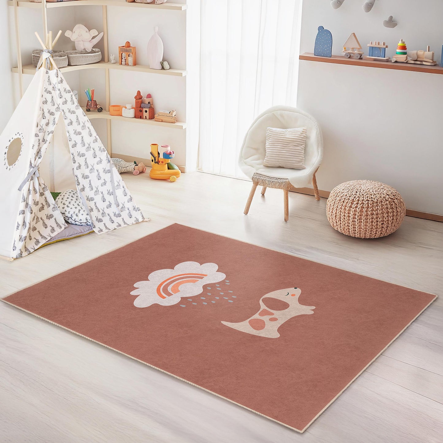 Niedlicher Teppich mit Hunde- und Regenbogenmuster, rechteckiger Teppich fürs Kinderzimmer, Spielzimmerdeko, Kinderzimmerteppich, weiches Haustiermotiv für Kinder