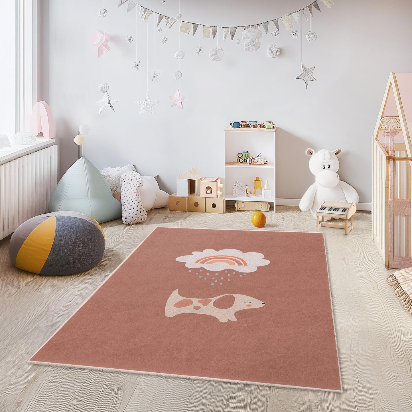 Niedlicher Teppich mit Hunde- und Regenbogenmuster, rechteckiger Teppich fürs Kinderzimmer, Spielzimmerdeko, Kinderzimmerteppich, weiches Haustiermotiv für Kinder