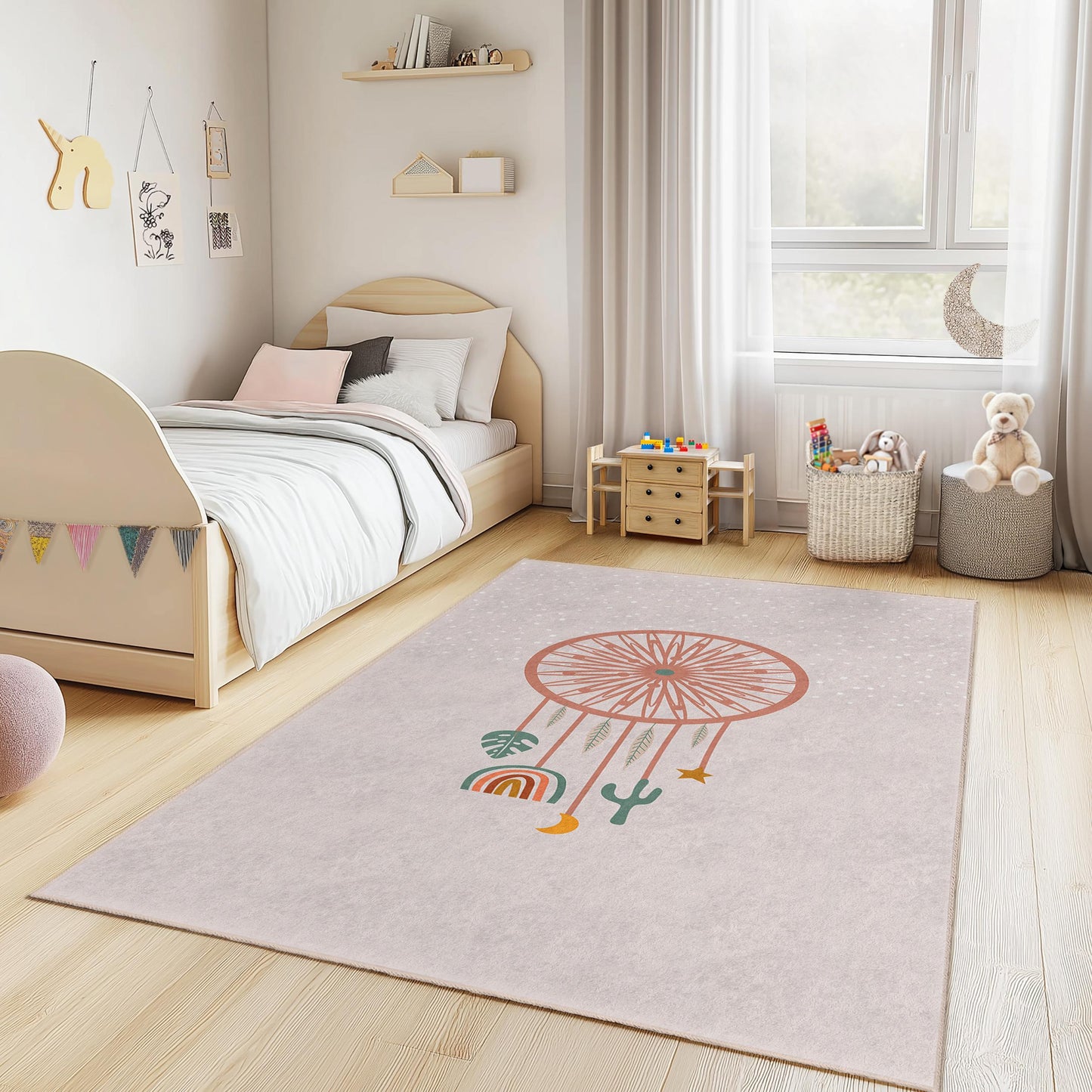 Rechteckiger Kinderteppich mit Traumfänger-Motiv, niedlicher Kinderzimmerteppich, Boho-Spielzimmerdeko, weicher Kinderteppich fürs Schlafzimmer