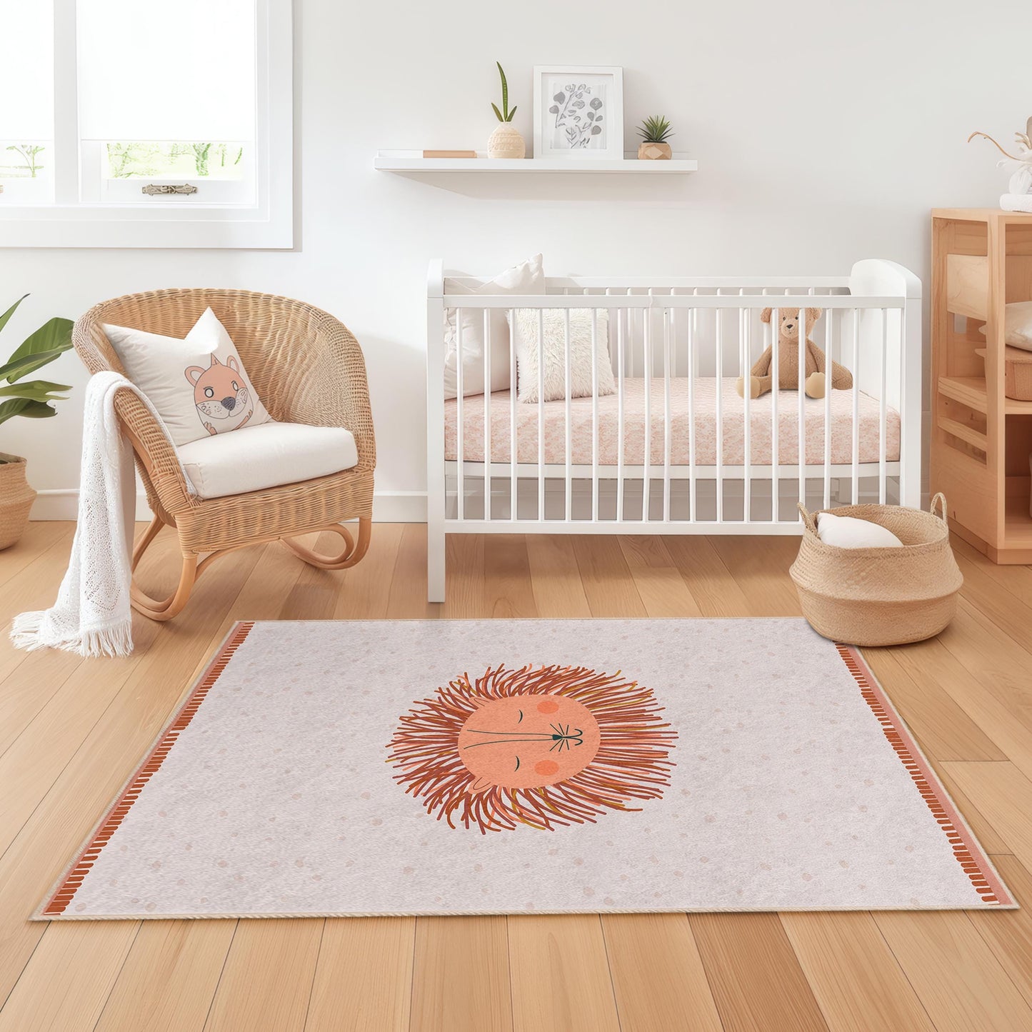 Rechteckiger Teppich mit niedlichem Löwenmotiv fürs Kinderzimmer, verspielter Kinderzimmerteppich, weicher Kinderteppich fürs Spielzimmer, Dekoration mit Tiermotiven