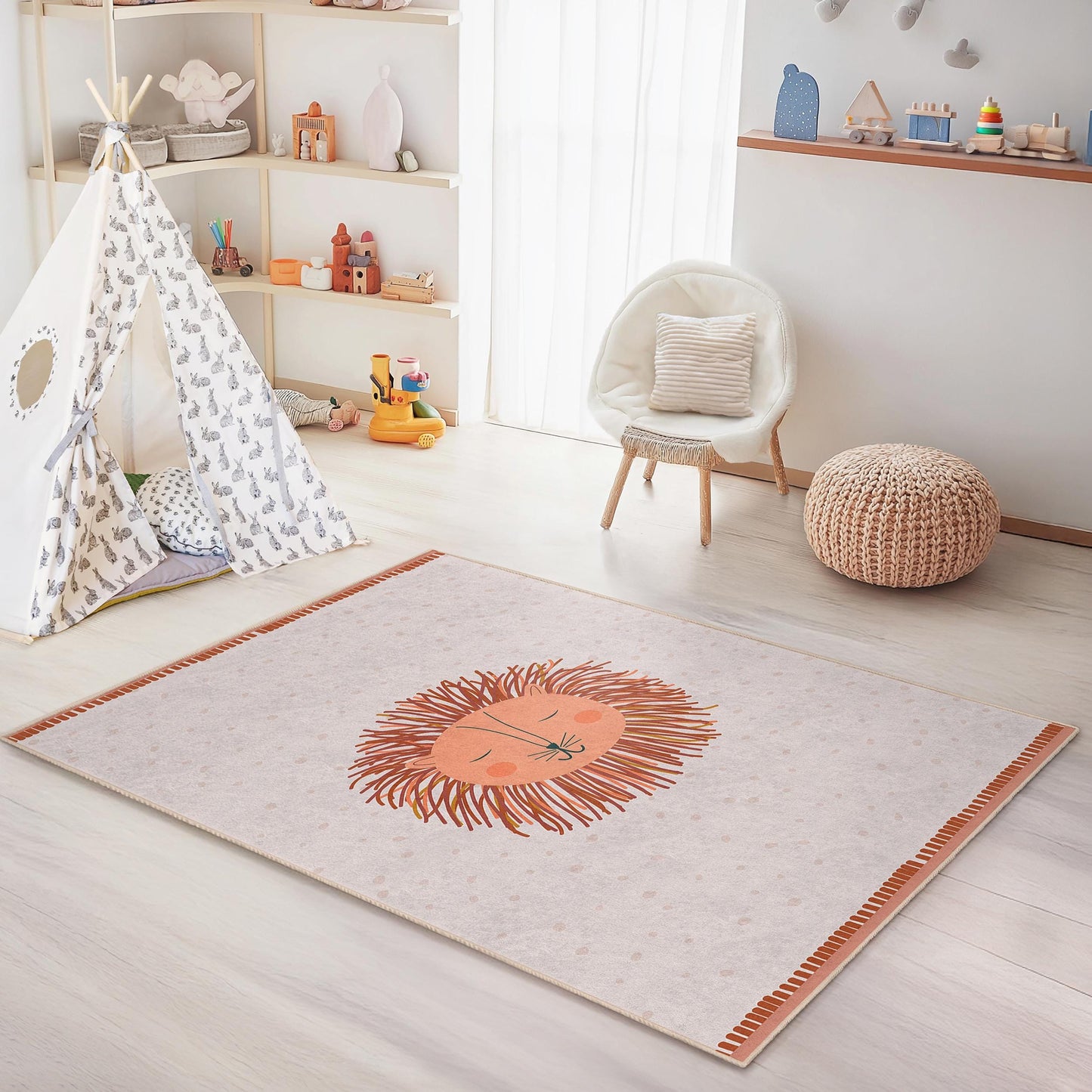 Rechteckiger Teppich mit niedlichem Löwenmotiv fürs Kinderzimmer, verspielter Kinderzimmerteppich, weicher Kinderteppich fürs Spielzimmer, Dekoration mit Tiermotiven