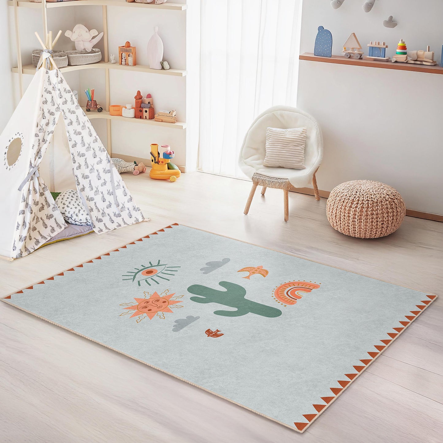 Sonniger Wüstenteppich für Kinder, rechteckiger Teppich für Kinderzimmer, Spielzimmerdeko, Boho-Stil, farbenfroher Kinderteppich