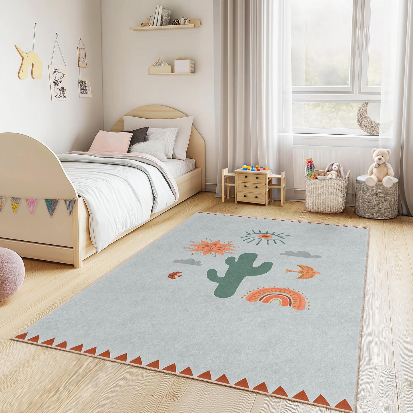 Sonniger Wüstenteppich für Kinder, rechteckiger Teppich für Kinderzimmer, Spielzimmerdeko, Boho-Stil, farbenfroher Kinderteppich