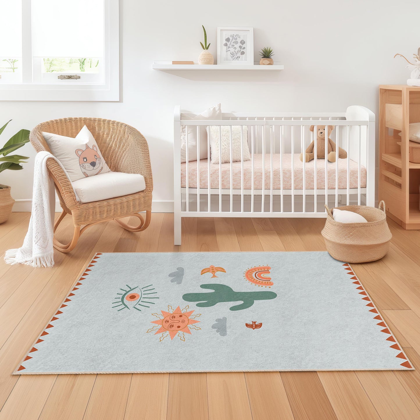 Sonniger Wüstenteppich für Kinder, rechteckiger Teppich für Kinderzimmer, Spielzimmerdeko, Boho-Stil, farbenfroher Kinderteppich