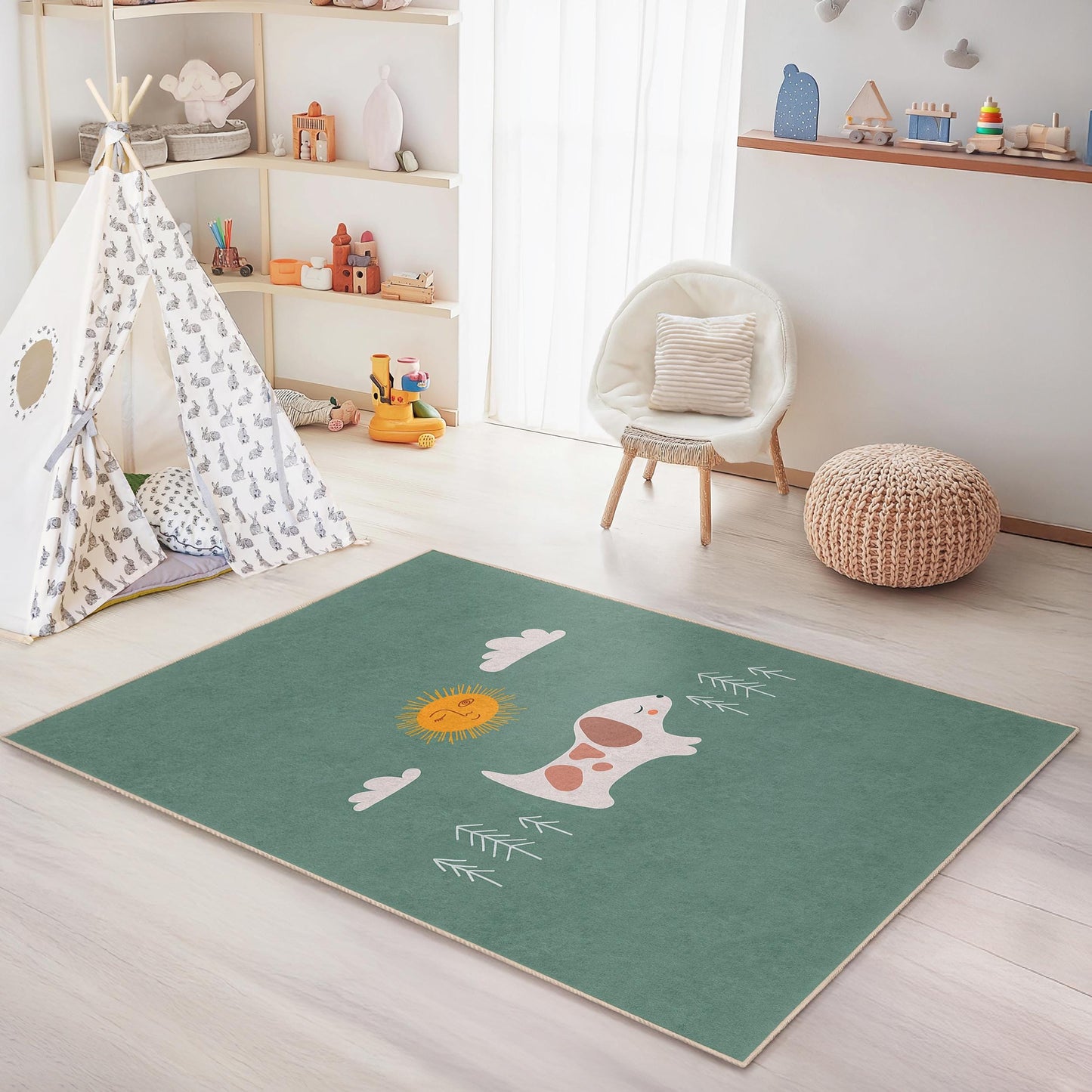 Niedlicher rechteckiger Kinderteppich mit Hund und Sonne, verspieltes Haustiermotiv für Kinderzimmer, Babyzimmer und Spielzimmer