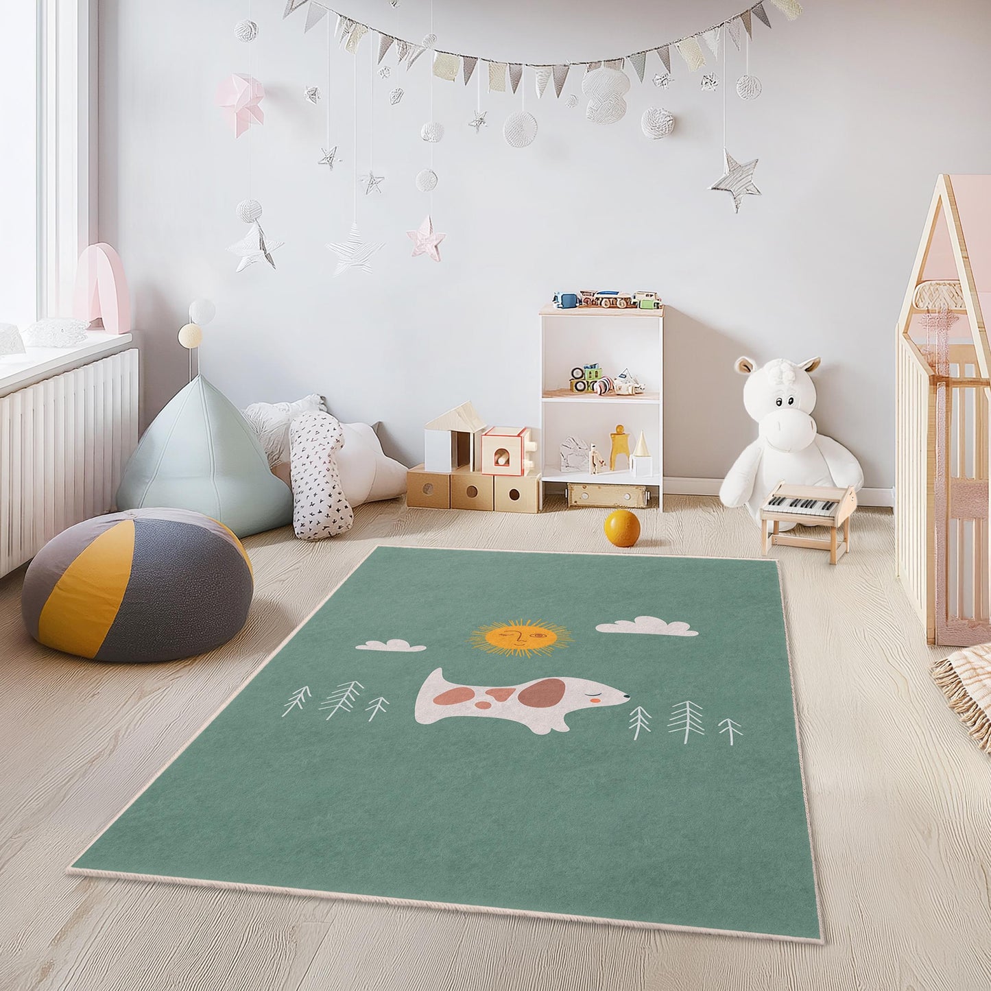 Niedlicher rechteckiger Kinderteppich mit Hund und Sonne, verspieltes Haustiermotiv für Kinderzimmer, Babyzimmer und Spielzimmer