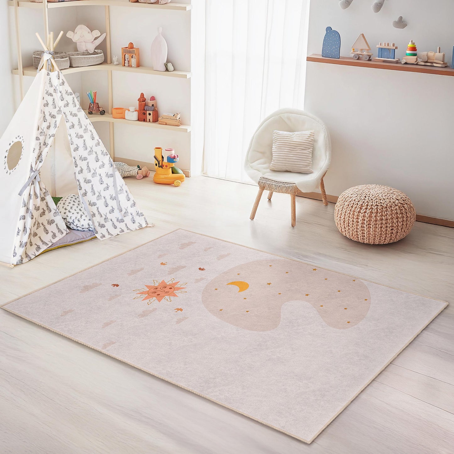 Kinderzimmerteppich mit Sonne- und Mondmotiv, rechteckiger Spielteppich für Kinder, weicher Kinderzimmerteppich, Babyzimmerdekoration, niedlicher Kinderteppich