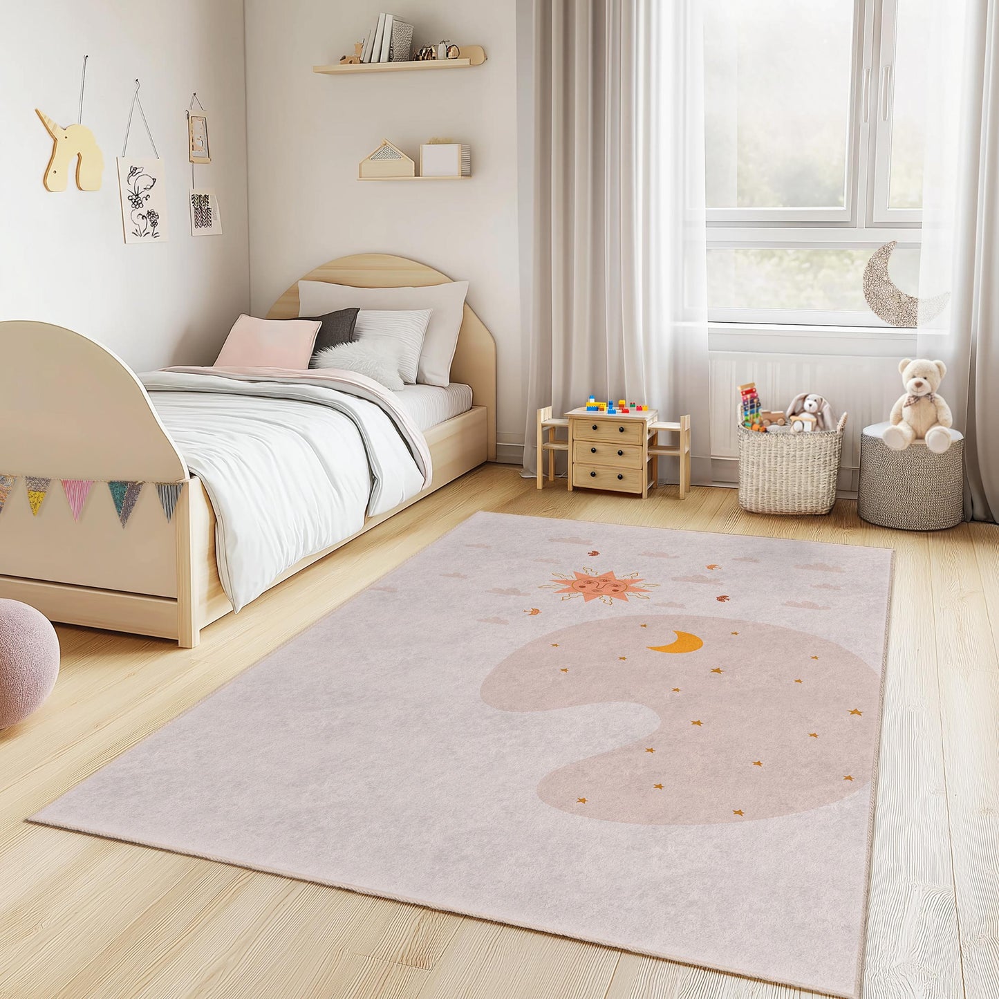 Kinderzimmerteppich mit Sonne- und Mondmotiv, rechteckiger Spielteppich für Kinder, weicher Kinderzimmerteppich, Babyzimmerdekoration, niedlicher Kinderteppich
