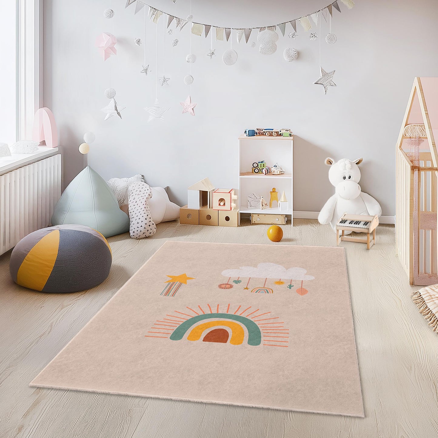 Regenbogenwolken-Spielteppich fürs Kinderzimmer, rechteckige Spielmatte, weicher Kinderzimmerteppich, bunter Kinderteppich, Babyzimmerdekoration