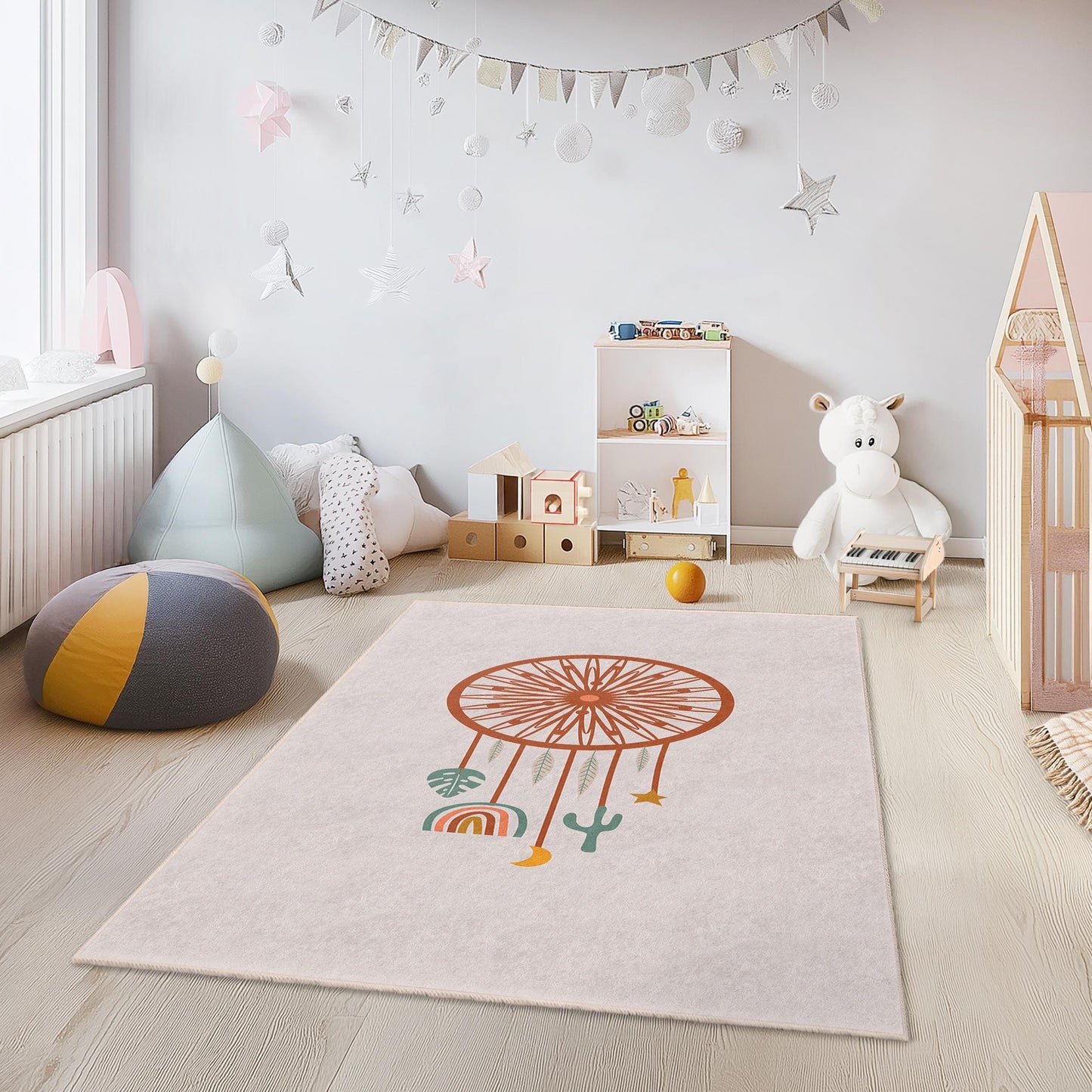 Rechteckiger Kinderteppich mit Traumfänger-Muster, Boho-Stil-Spielzimmerteppich, Kinderzimmerdeko, einzigartiger Kinderzimmerteppich