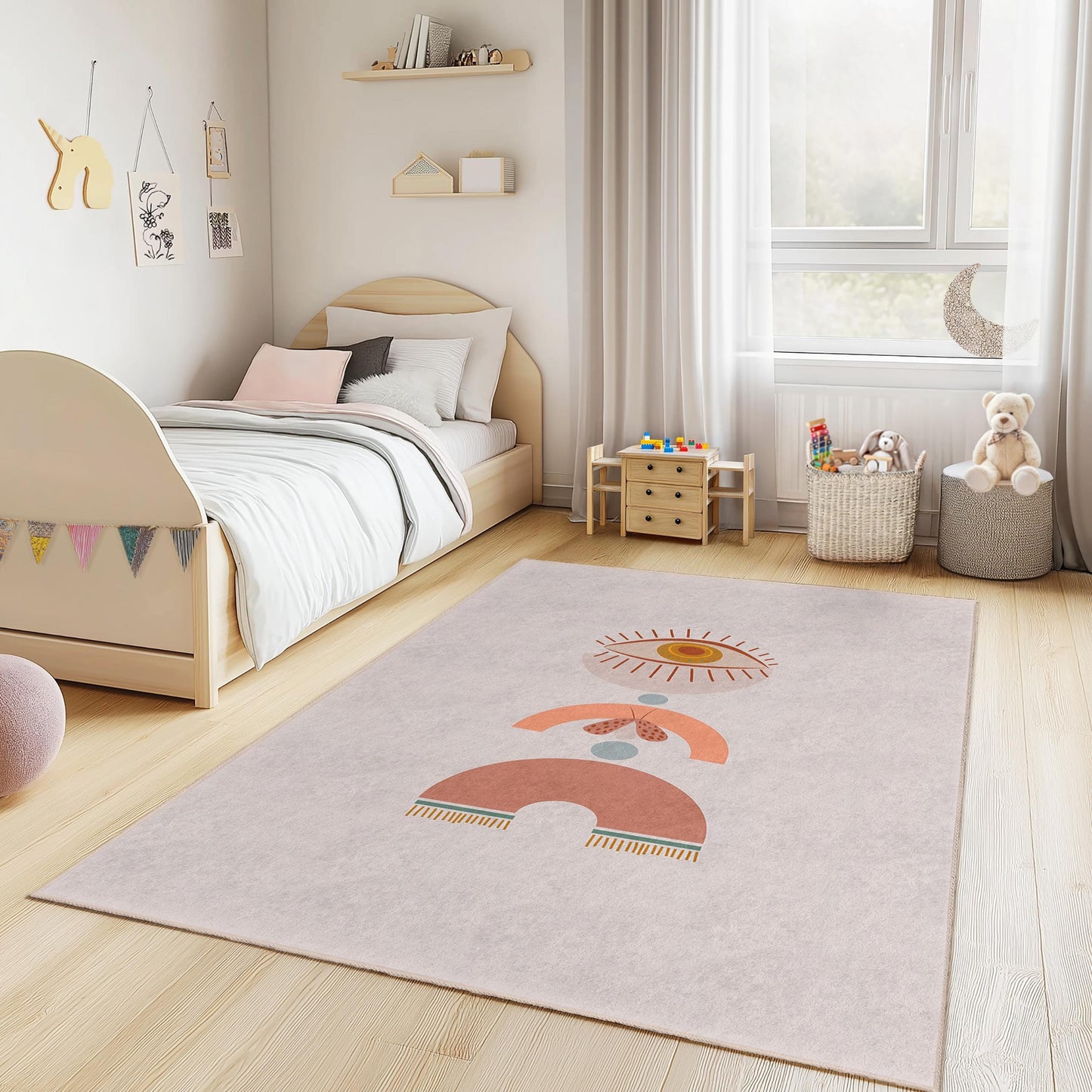 Rechteckiger Kinderteppich mit geometrischem Augenmuster, moderner Kinderzimmerteppich, Spielzimmerdekoration, weicher Kinderteppich, trendige Kinderzimmermatte