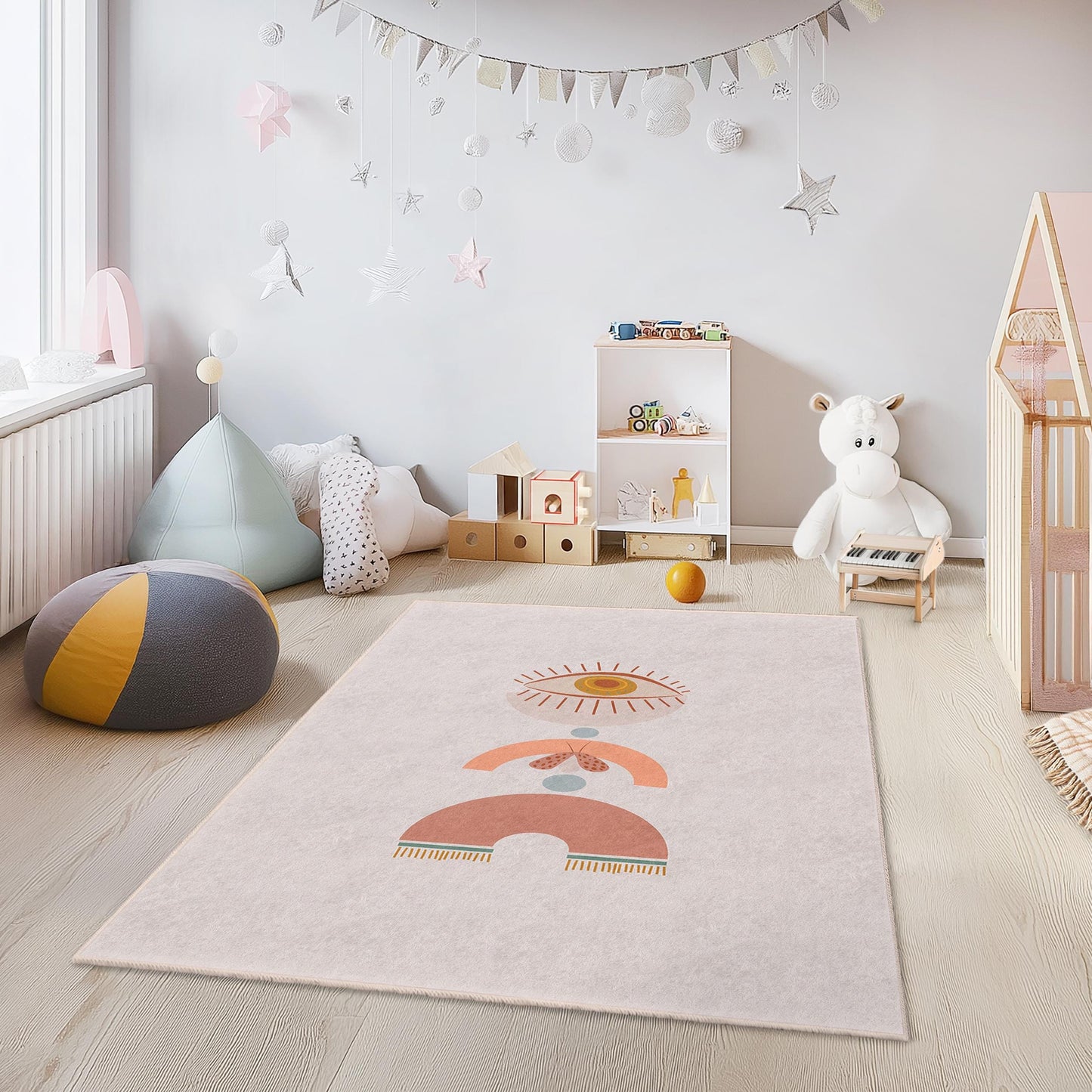 Rechteckiger Kinderteppich mit geometrischem Augenmuster, moderner Kinderzimmerteppich, Spielzimmerdekoration, weicher Kinderteppich, trendige Kinderzimmermatte
