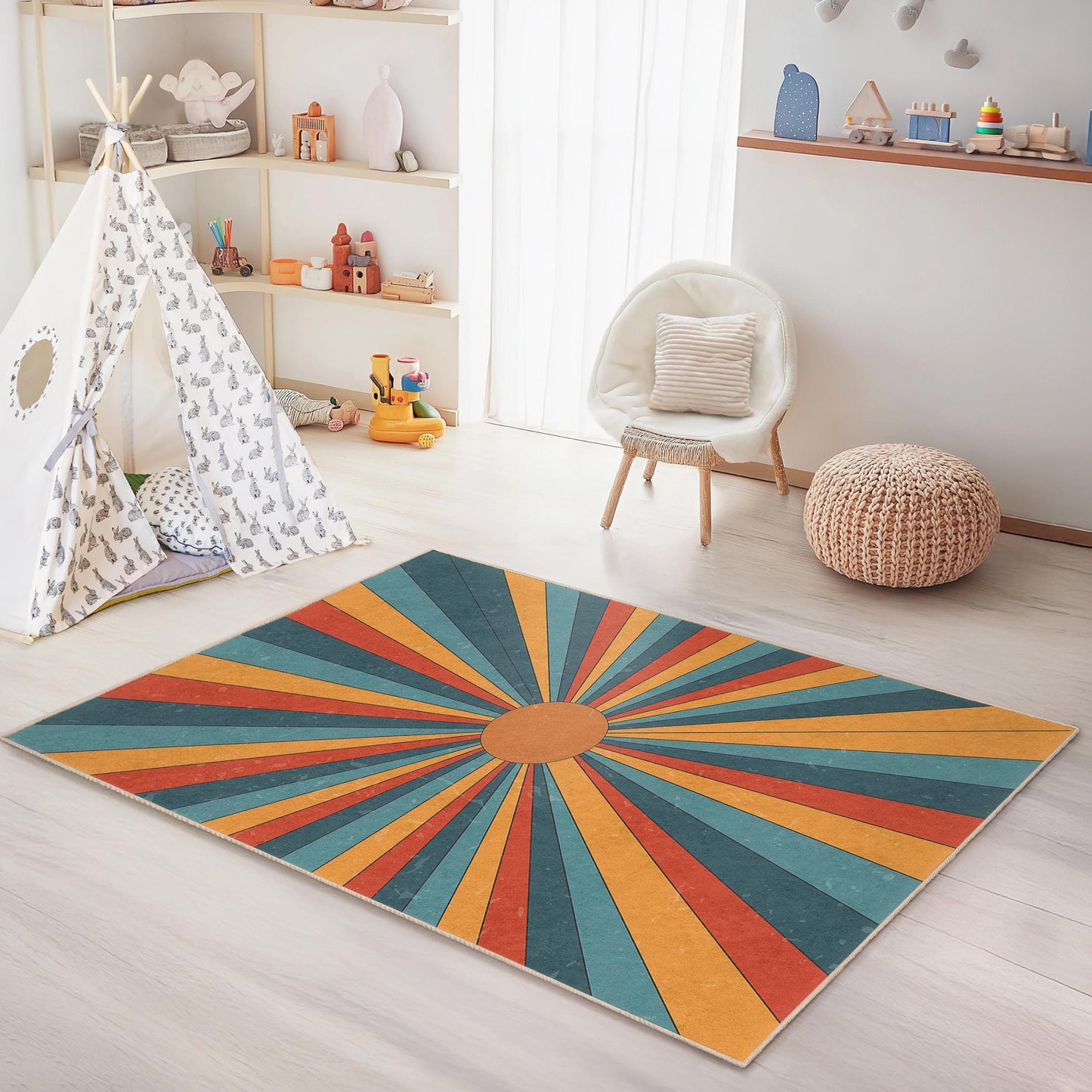 Bunter rechteckiger Kinderteppich mit Retro-Strahlenmuster, Sonnenstrahlen-Design, Spielzimmerdeko, Kinderzimmerteppich, weicher und kuscheliger Teppich