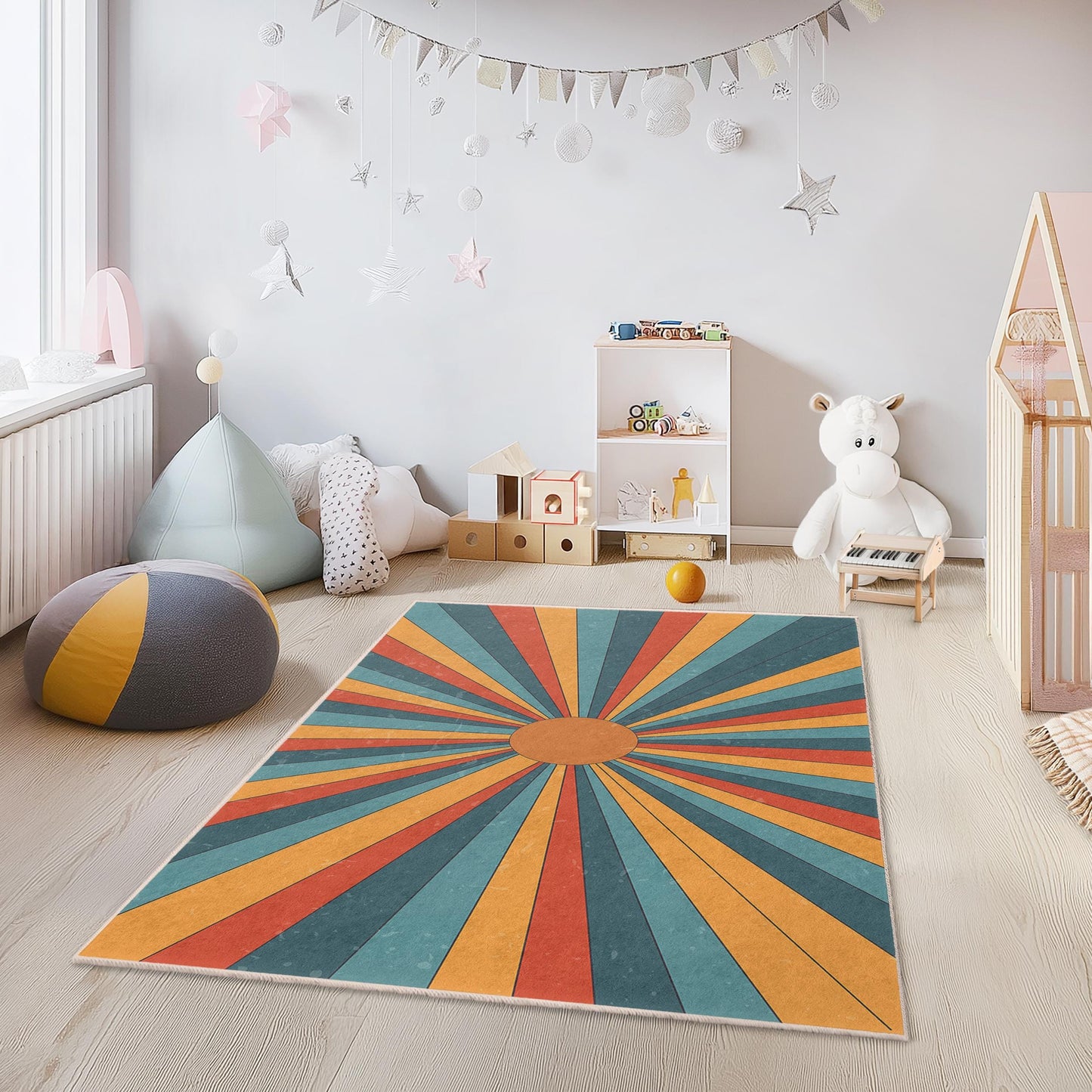 Bunter rechteckiger Kinderteppich mit Retro-Strahlenmuster, Sonnenstrahlen-Design, Spielzimmerdeko, Kinderzimmerteppich, weicher und kuscheliger Teppich