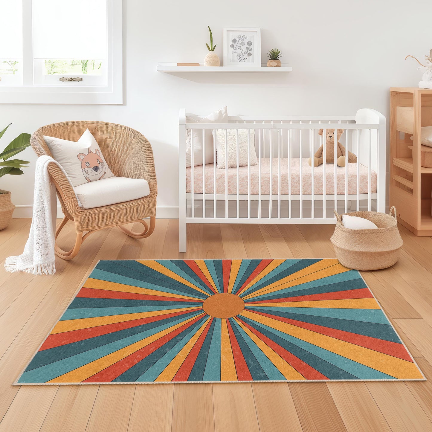 Bunter rechteckiger Kinderteppich mit Retro-Strahlenmuster, Sonnenstrahlen-Design, Spielzimmerdeko, Kinderzimmerteppich, weicher und kuscheliger Teppich