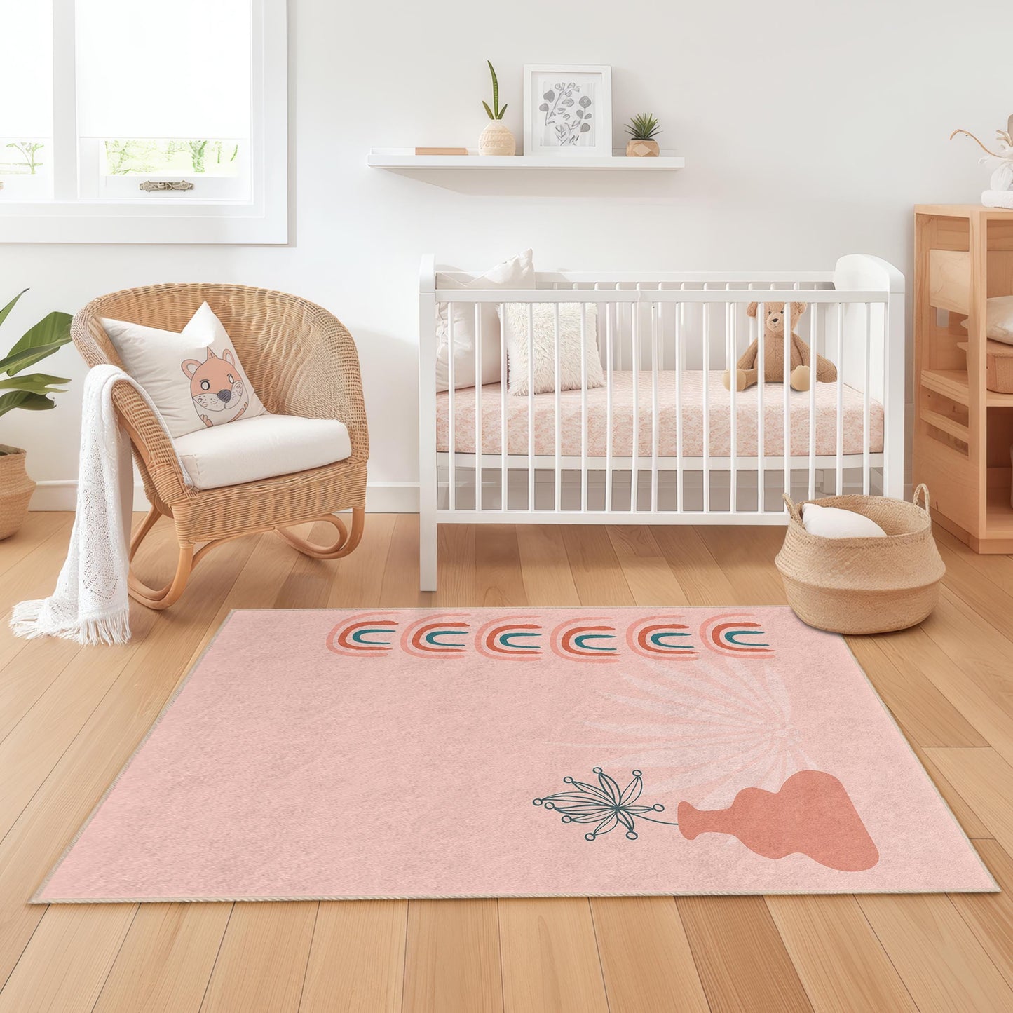 Rechteckiger Kinderteppich mit pastellfarbenem Regenbogen- und Blumenmuster, weicher Teppich fürs Kinderzimmer, Spielzimmerdeko, moderner Kinderzimmerteppich, farbenfroher Teppich